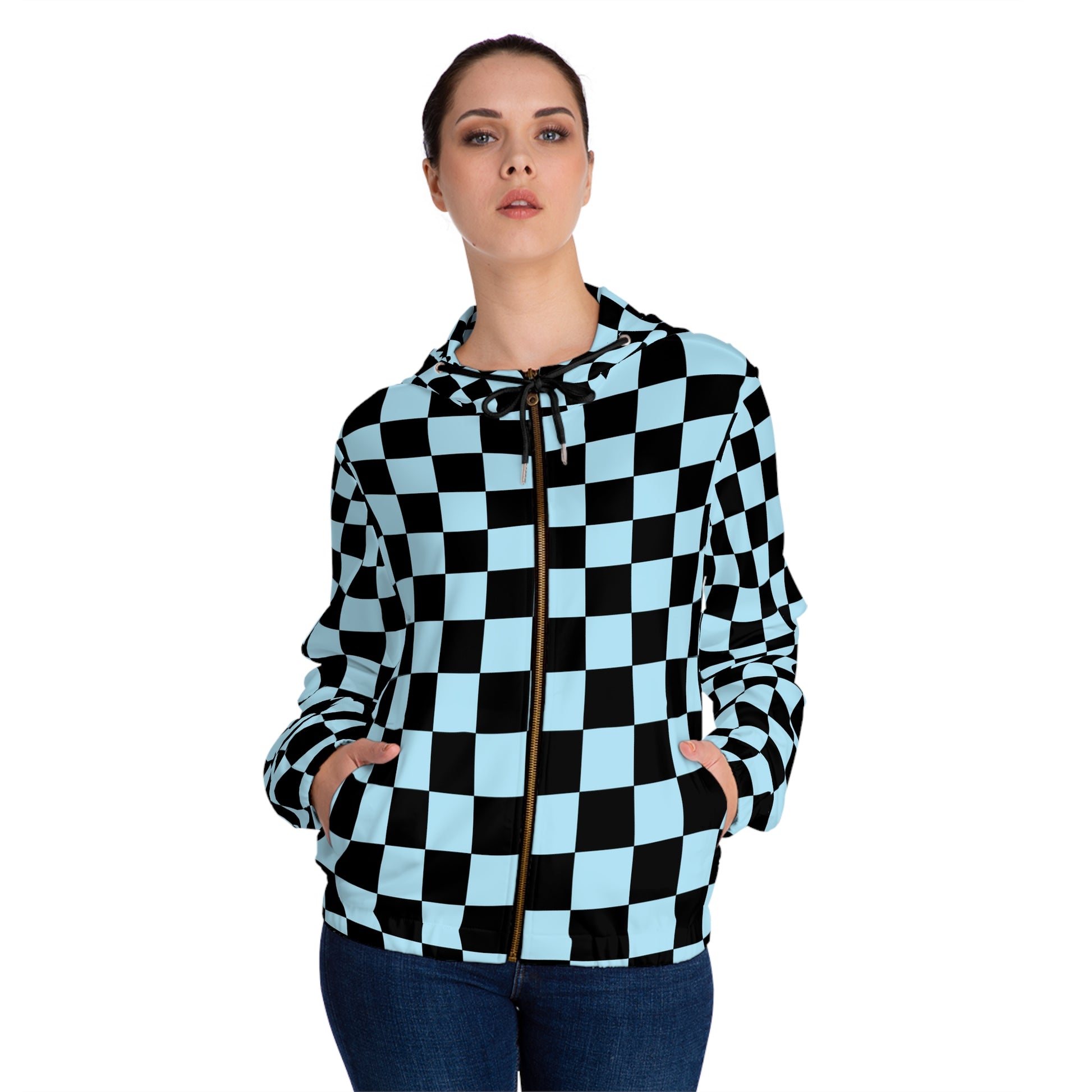 Checkerboard Black and Blue Women’s Full-Zip Hoodie (AOP), Artsulli - Art is Long, Life is Short, All Over Prints, , , , , , , 