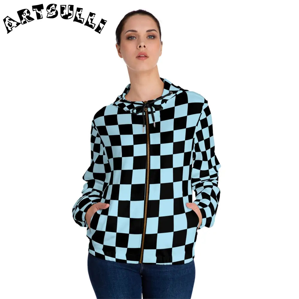JAKKOUTTHEBXX Checkerboard Black and Blue Women’s Full-Zip Hoodie