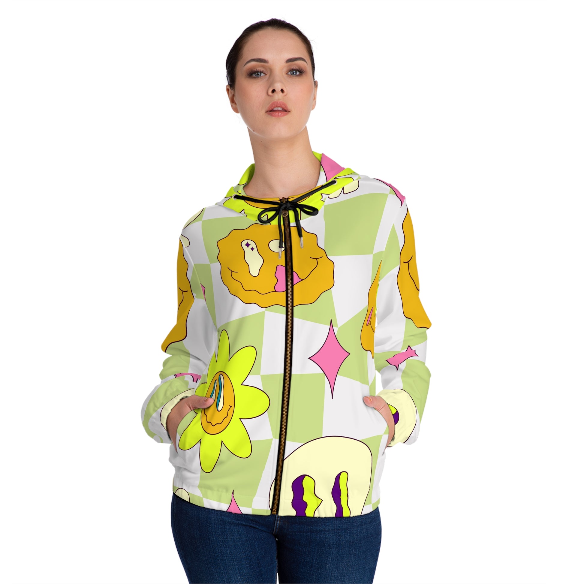 Sunflower x Checkerboard Trippy Women’s Full-Zip Hoodie (AOP), Artsulli - Art is Long, Life is Short, All Over Prints, , , , , , , 