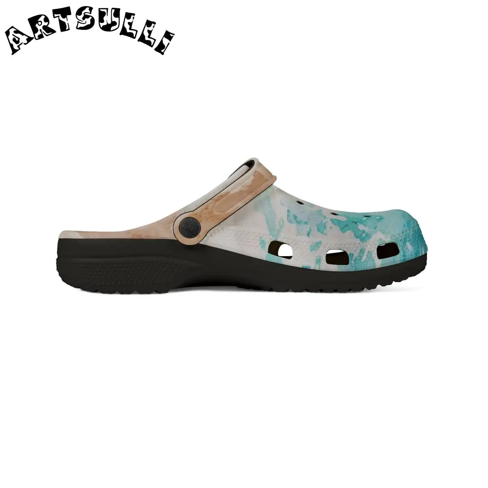 JAKKOUTTHEBXX Teal and Gold Speckled EVA Foam Clogs JAKKOUTTHEBXX