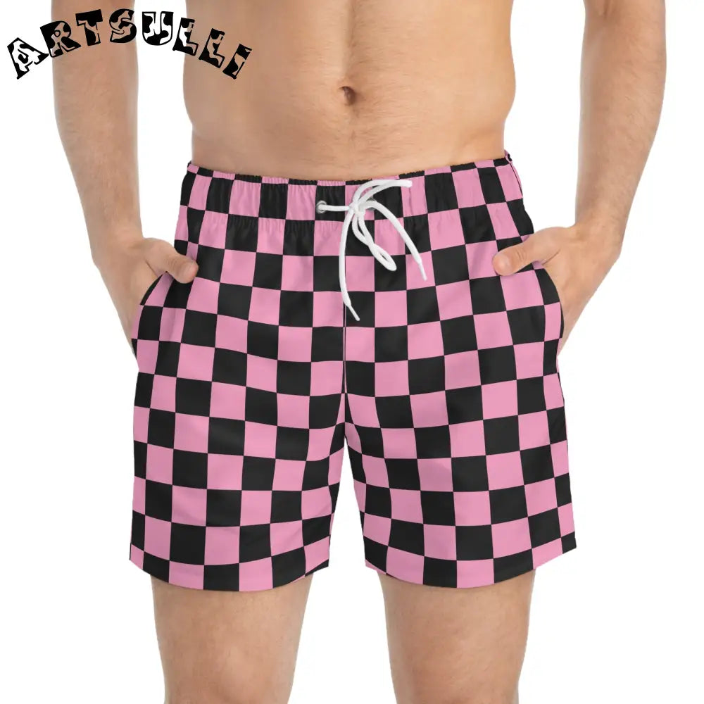 JAKKOUTTHEBXX Checkerboard II Black and Pink Swim Trunks (AOP)