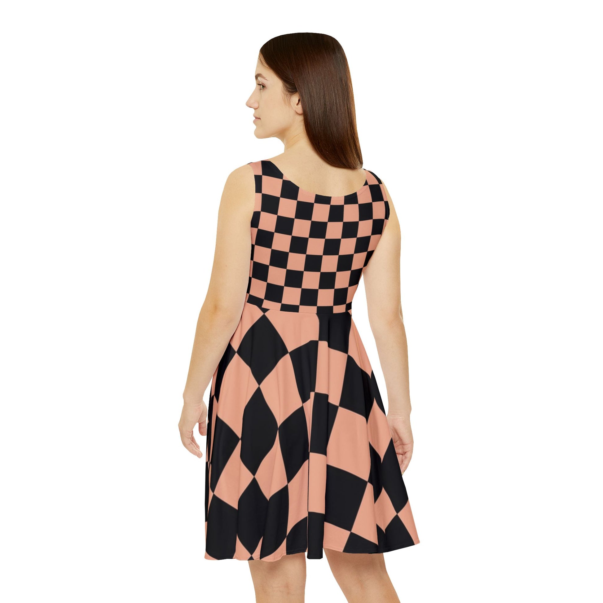 Checkerboard Soft Orange and Black Women's Skater Dress (AOP), Artsulli - Art is Long, Life is Short, All Over Prints, , , , , , , 