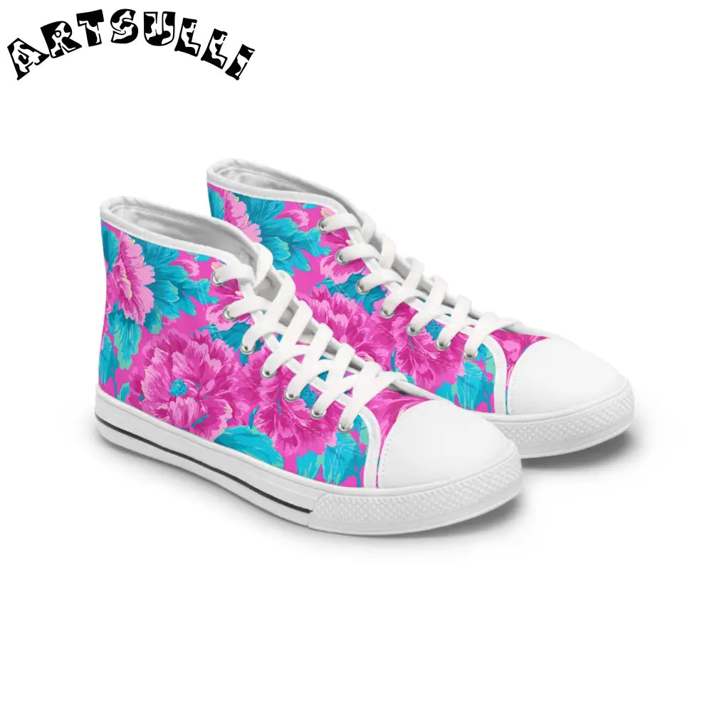80s Dreamscape Floral Women's High Top Sneakers, Artsulli - Art is Long, Life is Short, Shoes, Size, US 5.5, Color, White sole, , , 13677656956765456370