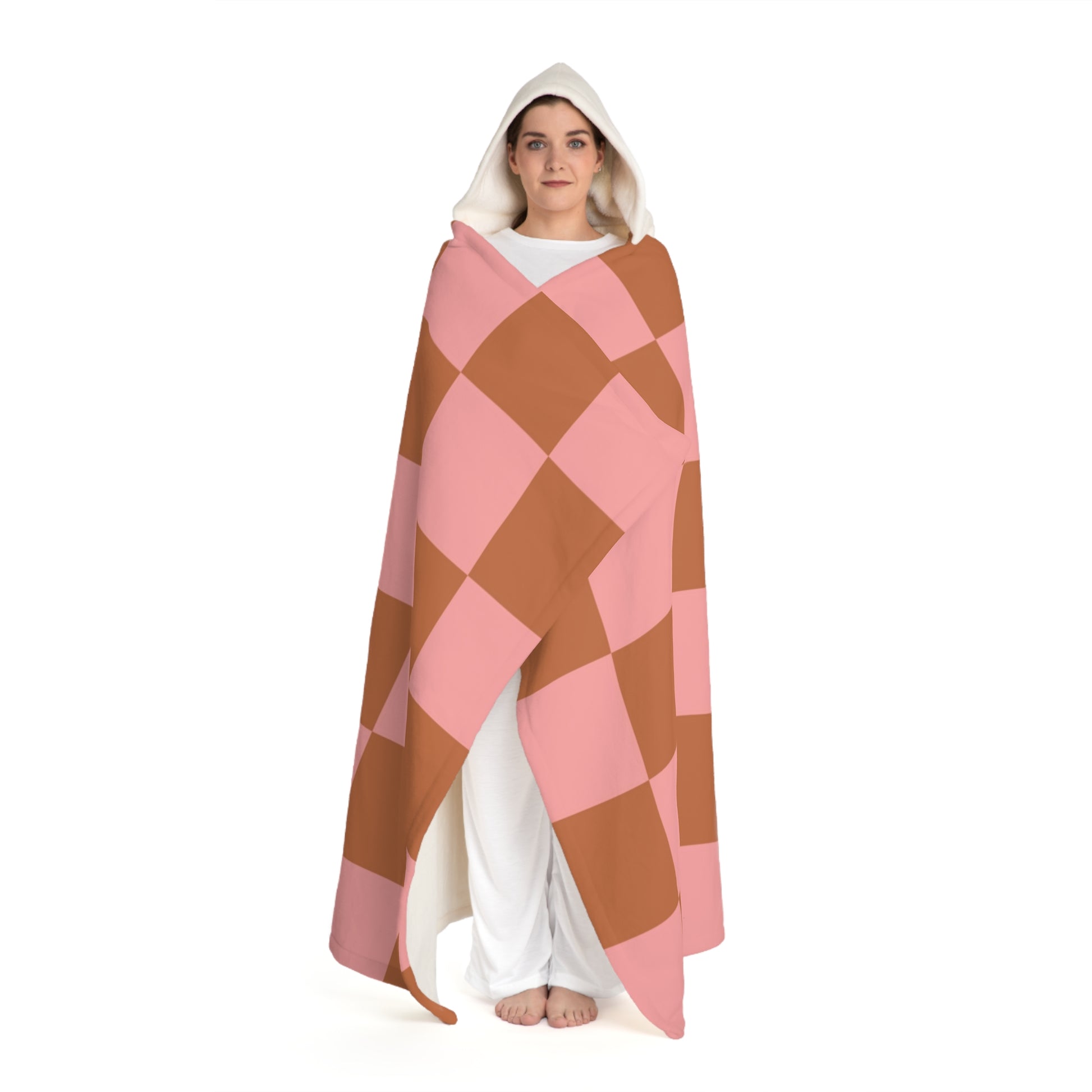 Chessboard Pink and Brown Hooded Sherpa Fleece Blanket, Artsulli - Art is Long, Life is Short, All Over Prints, , , , , , , 