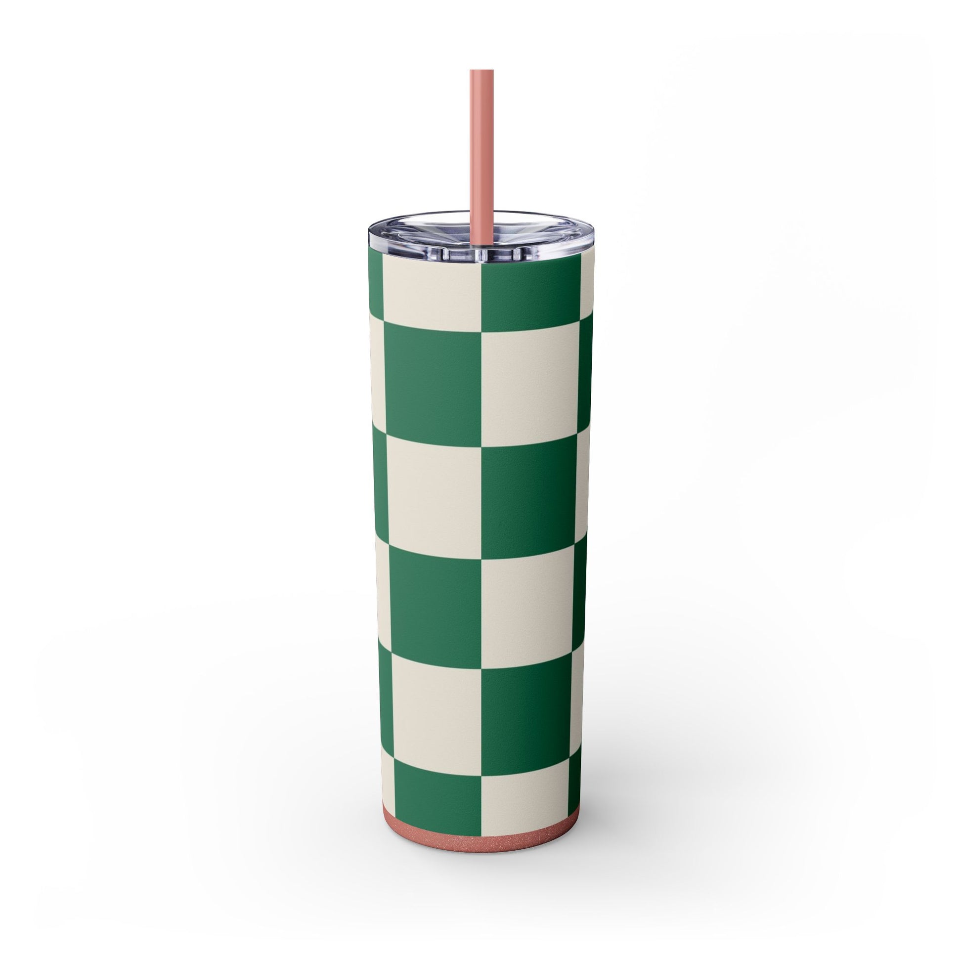 Checkerboard Dark Green Skinny Tumbler with Straw, 20oz, Artsulli - Art is Long, Life is Short, Mug, , , , , , , 