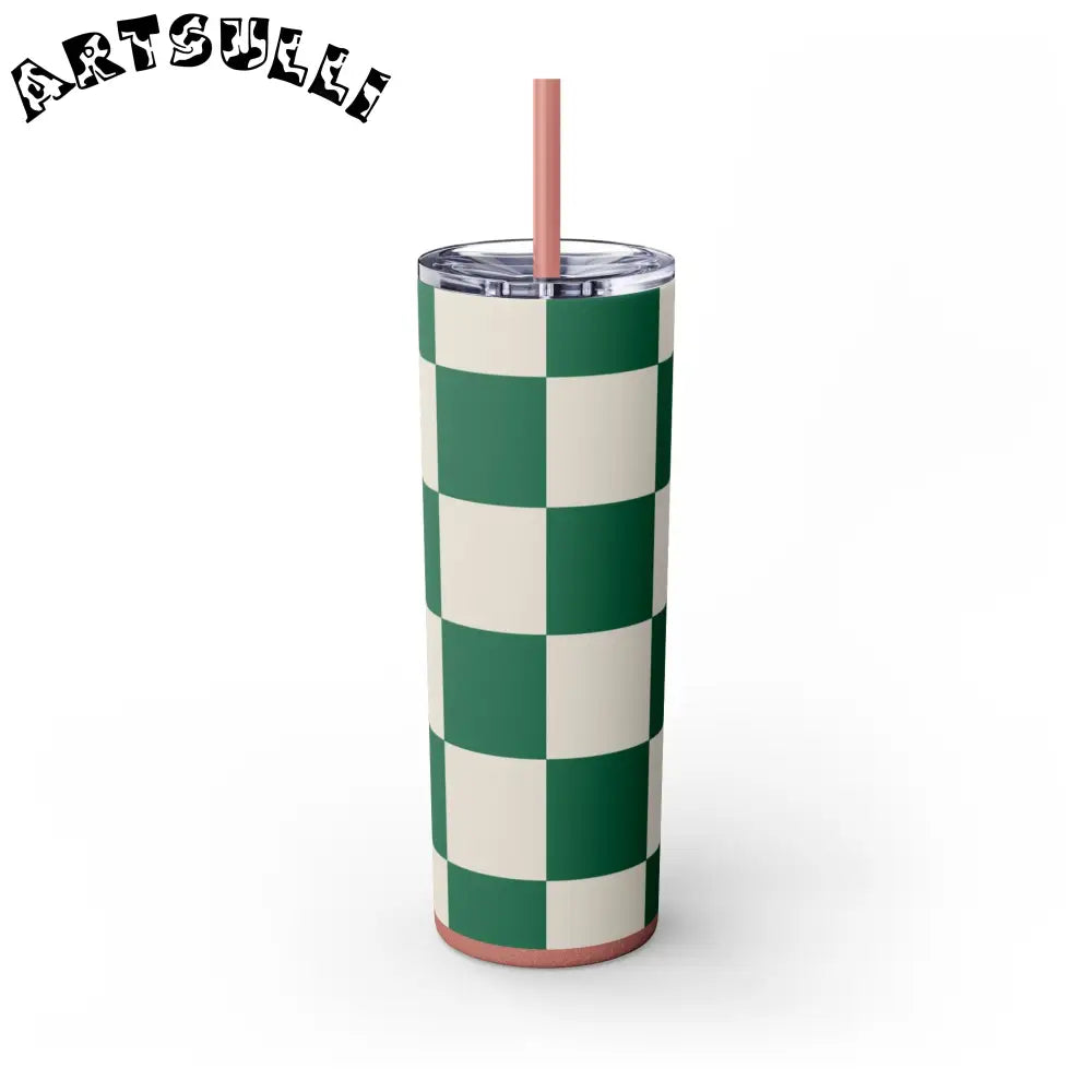 JAKKOUTTHEBXX Checkerboard Dark Green Skinny Tumbler with Straw 20oz