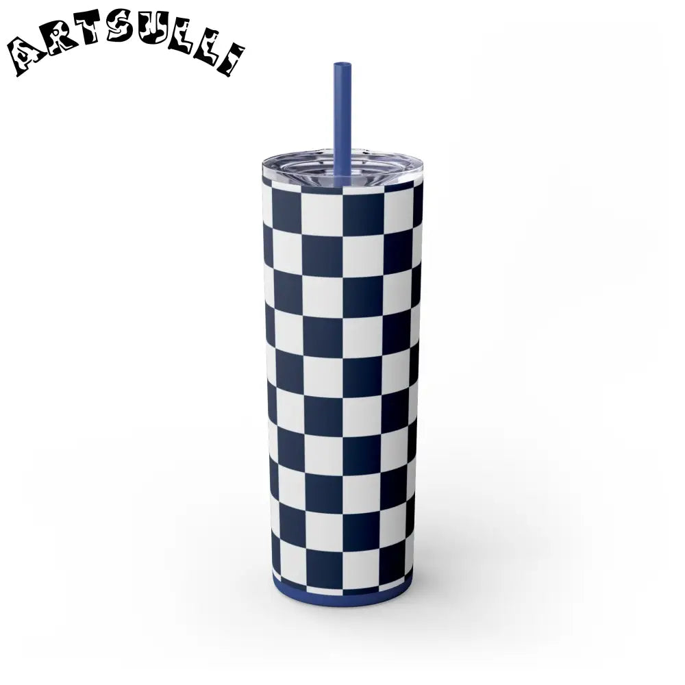 JAKKOUTTHEBXX Checkerboard White and Navy Blue Skinny Tumbler
