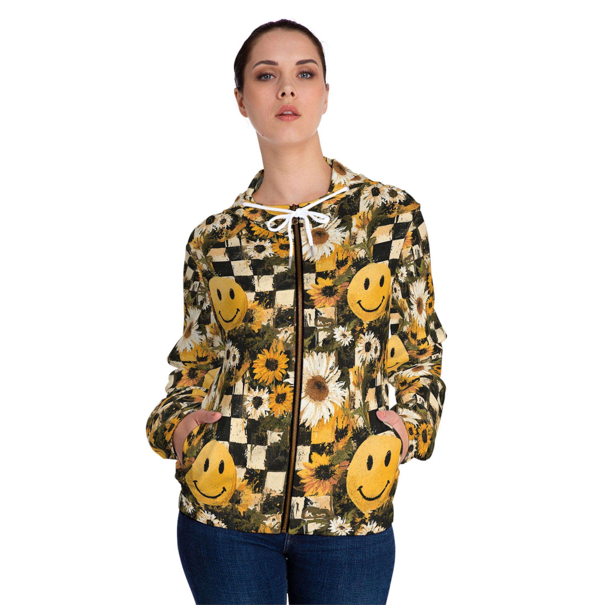 Smiley Face x Checkerboard x Sunflowers x Trippy x Vintage Black and Yellow Women’s Full-Zip Hoodie (AOP), Artsulli - Art is Long, Life is Short, All Over Prints, , , , , , , 