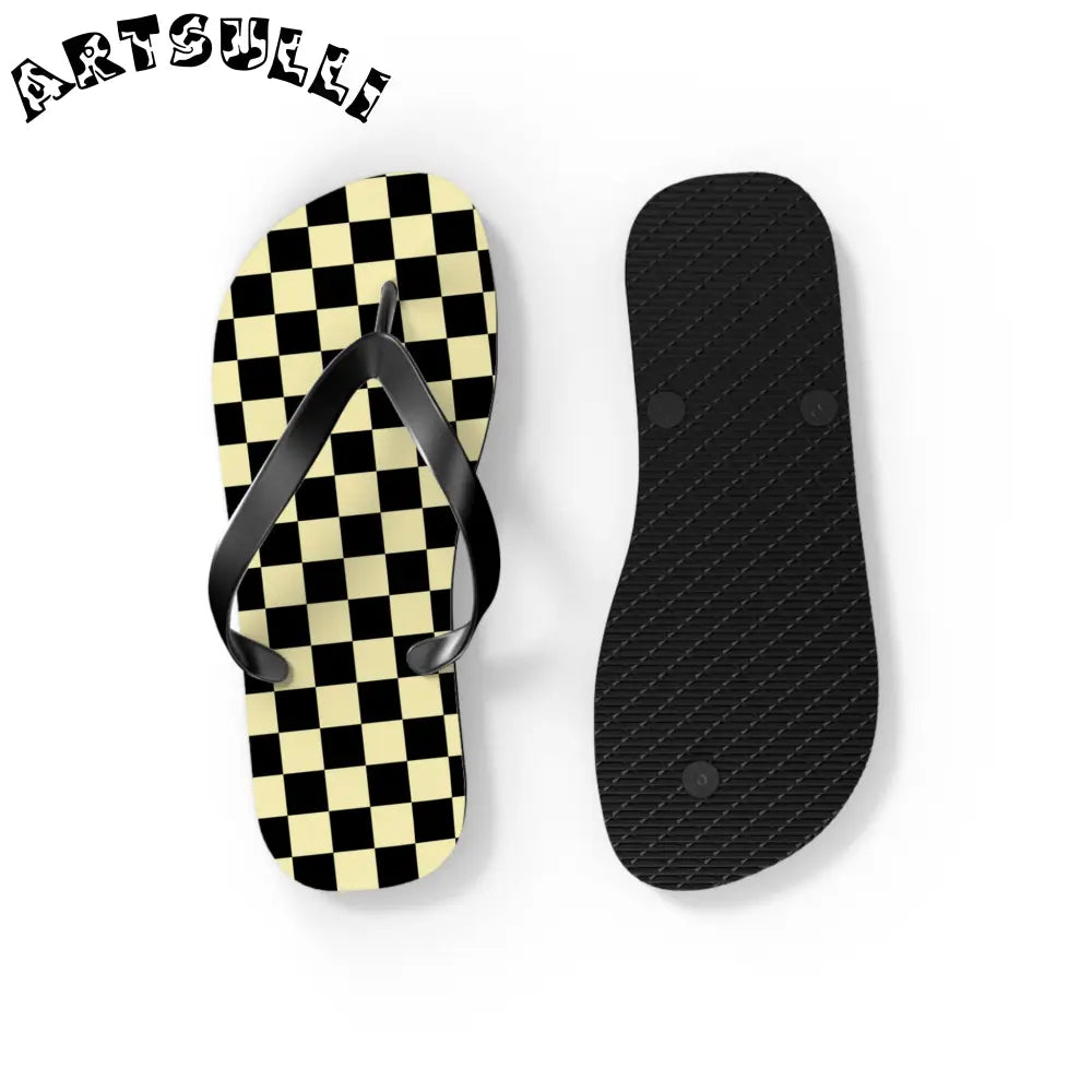 JAKKOUTTHEBXX Checkerboard Black and Yellow Flip Flops JAKKOUTTHEBXX