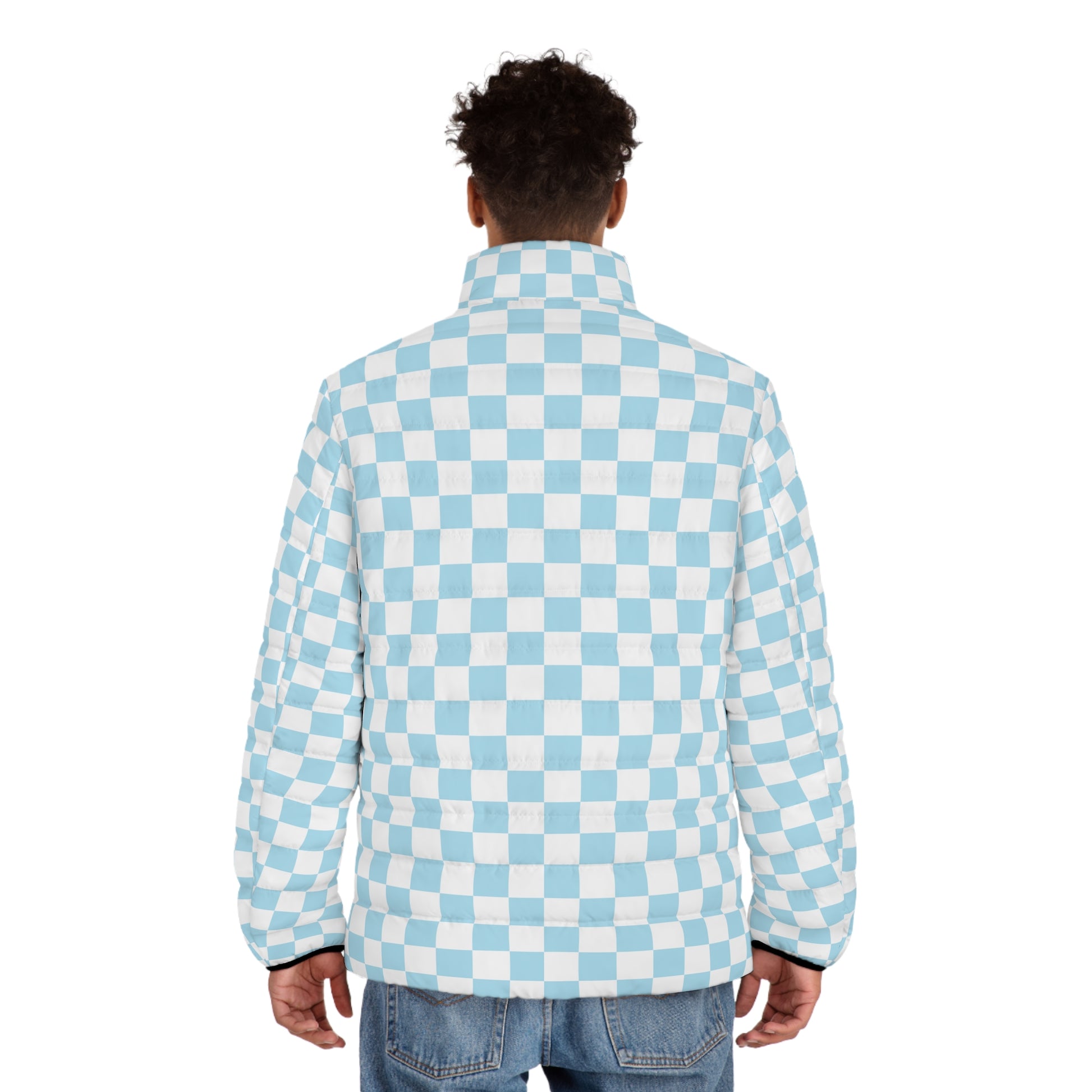 Checkerboard Sky Blue Men's Puffer Jacket (AOP), Artsulli - Art is Long, Life is Short, All Over Prints, , , , , , , 