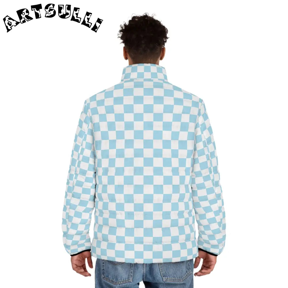 JAKKOUTTHEBXX Checkerboard Sky Blue Men’s Puffer Jacket (AOP)