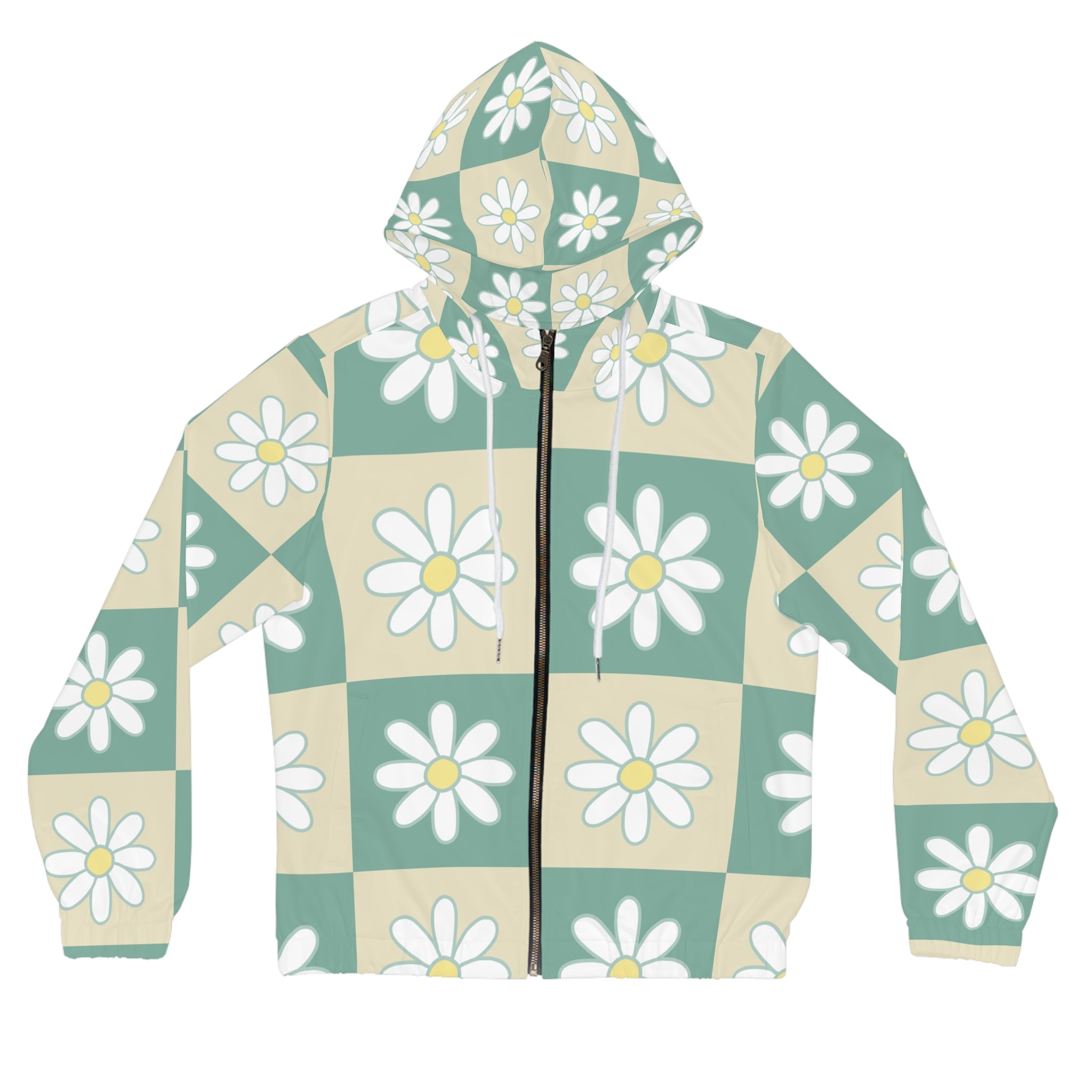 Retro Daisy Checkerboard Green and Tan Women’s Full-Zip Hoodie (AOP), Artsulli - Art is Long, Life is Short, All Over Prints, Size, XS, Color, White, , , 26403221922316064443