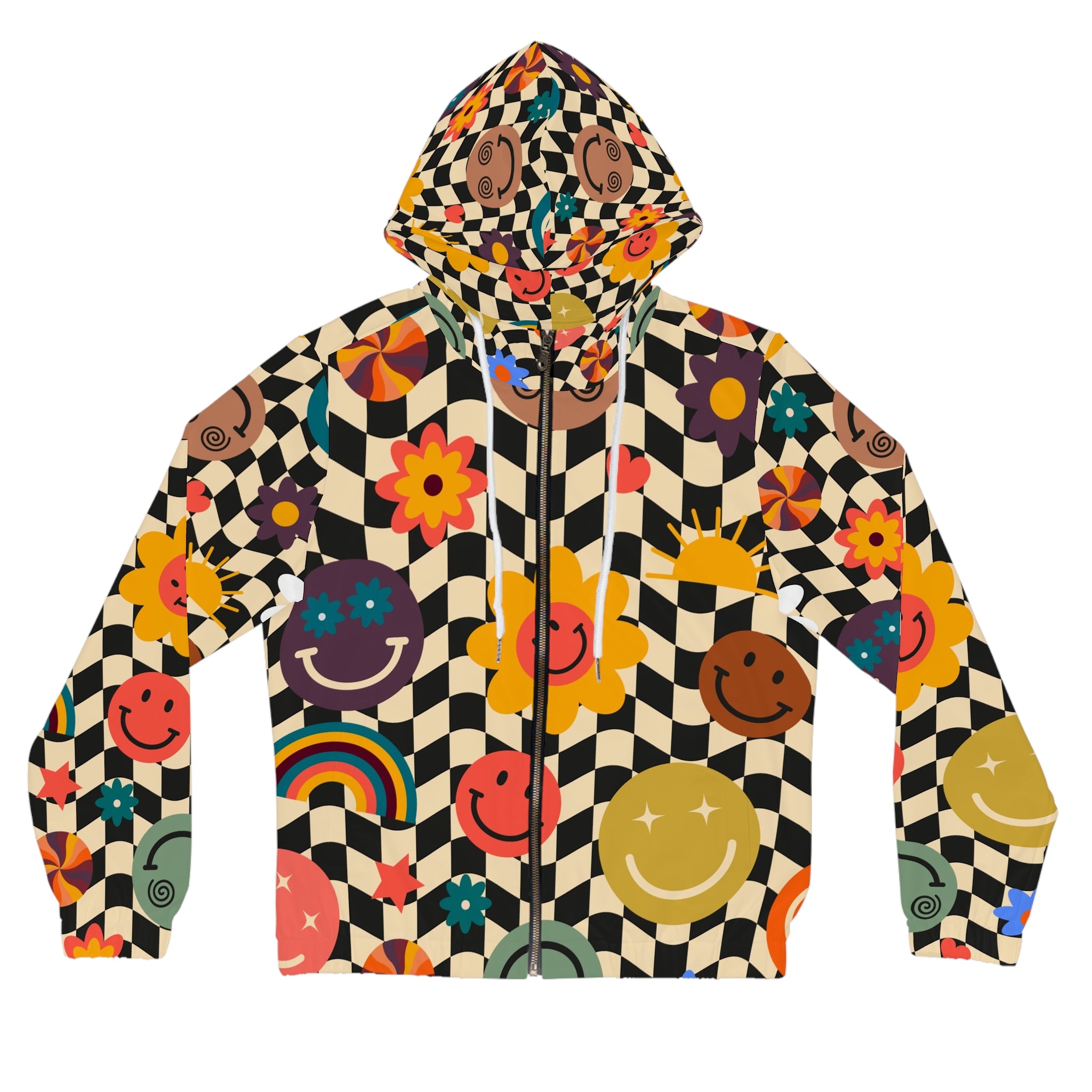 Trippy x Wavy Checkerboard x Smiley Face x Rainbow x Flowers Multi-Color Women’s Full-Zip Hoodie (AOP), Artsulli - Art is Long, Life is Short, All Over Prints, Size, XS, Color, White, , , 51928357614244074823