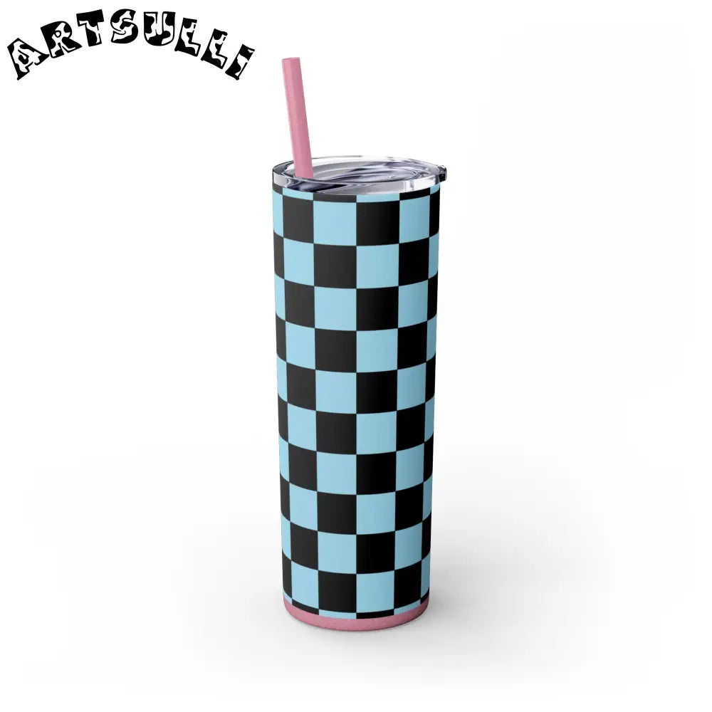 JAKKOUTTHEBXX Checkerboard Black and Blue Skinny Tumbler with Straw