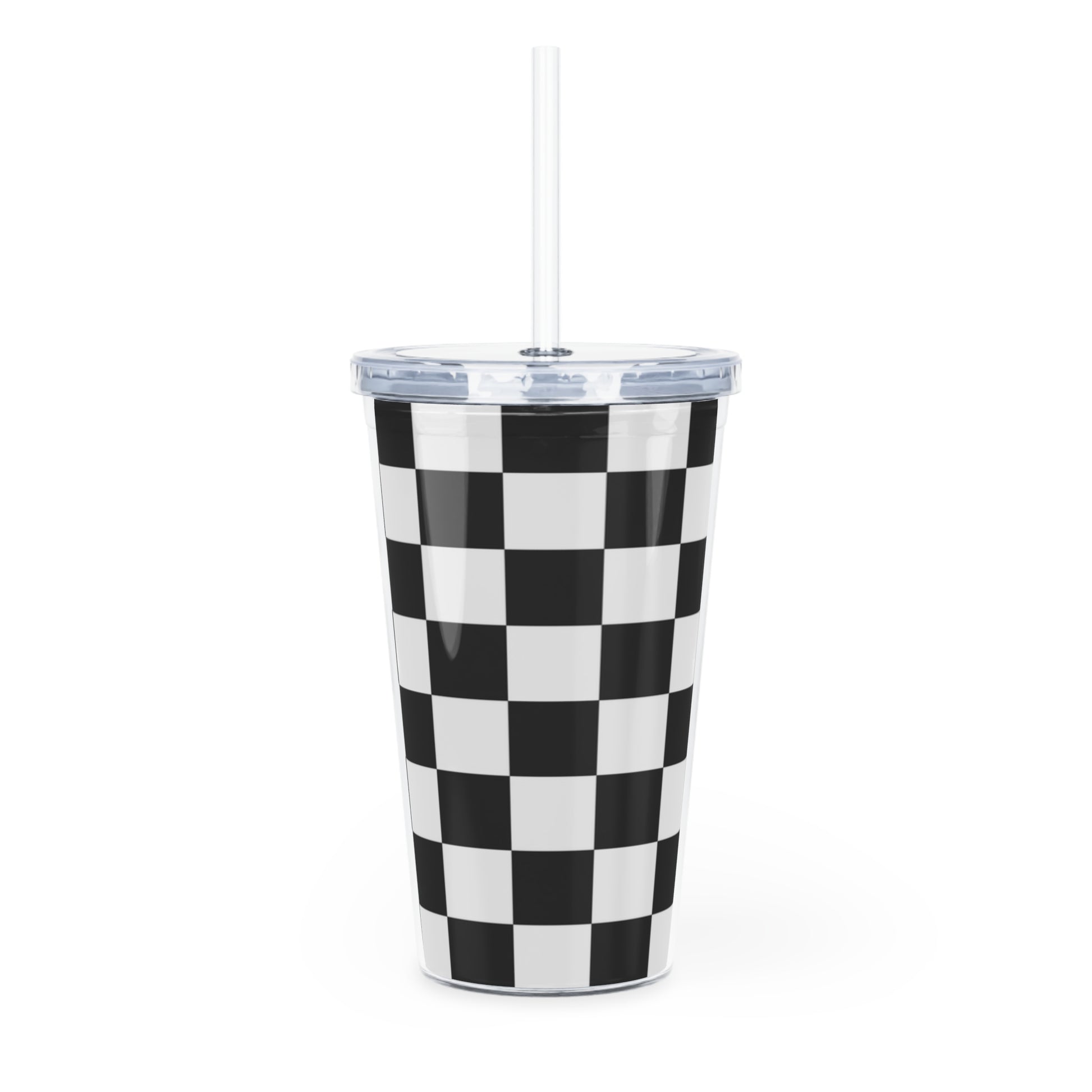 Checkerboard White and Black Plastic Tumbler with Straw, Artsulli - Art is Long, Life is Short, Mug, , , , , , , 