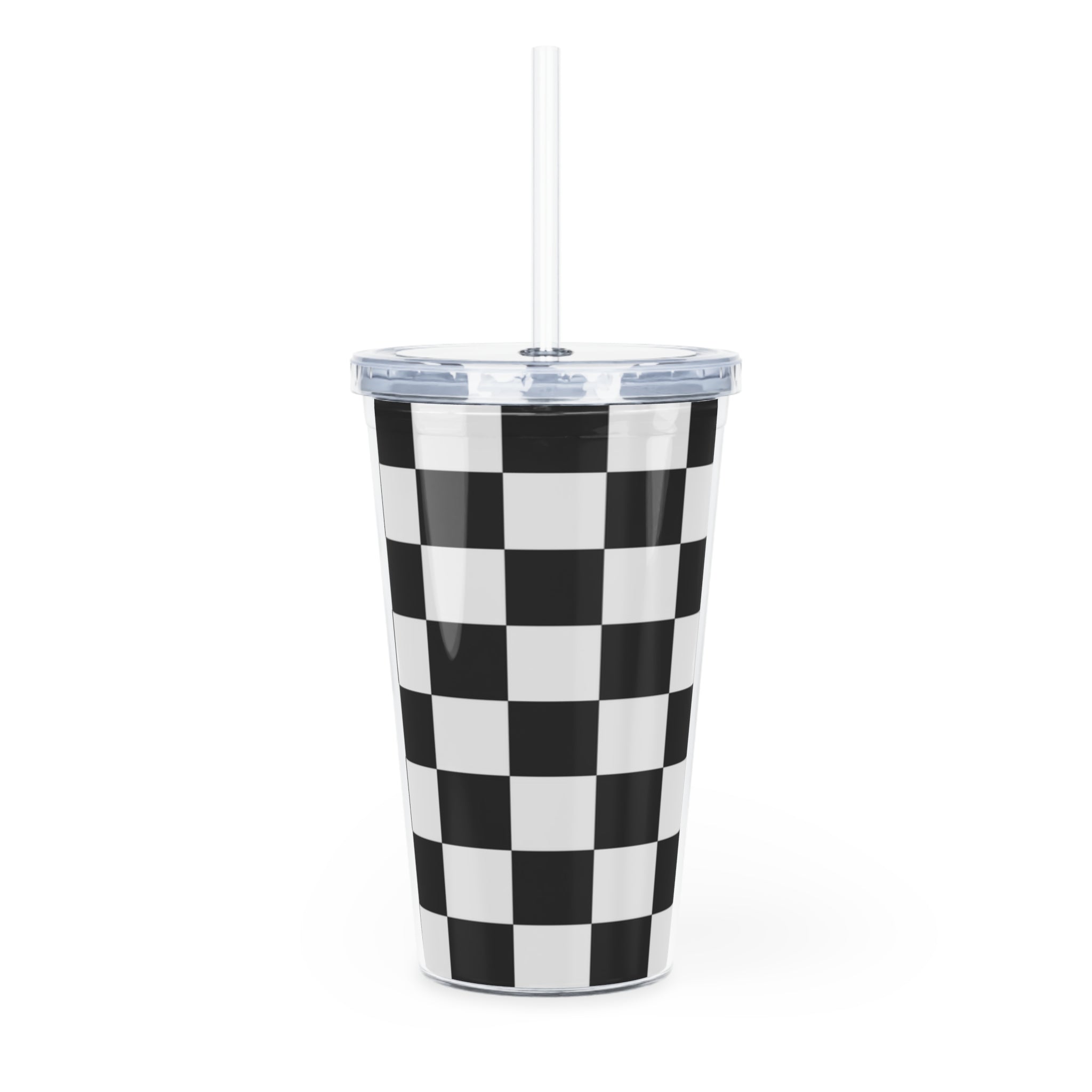Checkerboard White and Black Plastic Tumbler with Straw, Artsulli - Art is Long, Life is Short, Mug, , , , , , , 