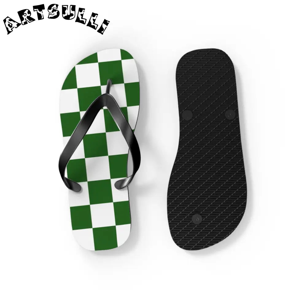 JAKKOUTTHEBXX Checkerboard White and Dark Green Flip Flops