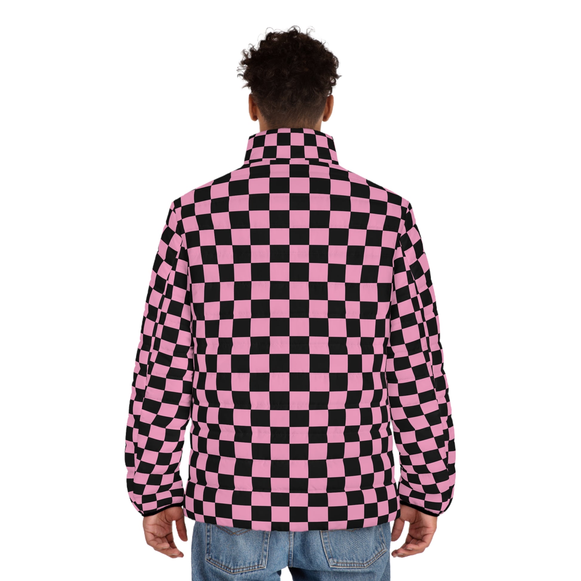 Checkerboard Black and Pink Men's Puffer Jacket (AOP), Artsulli - Art is Long, Life is Short, All Over Prints, , , , , , , 