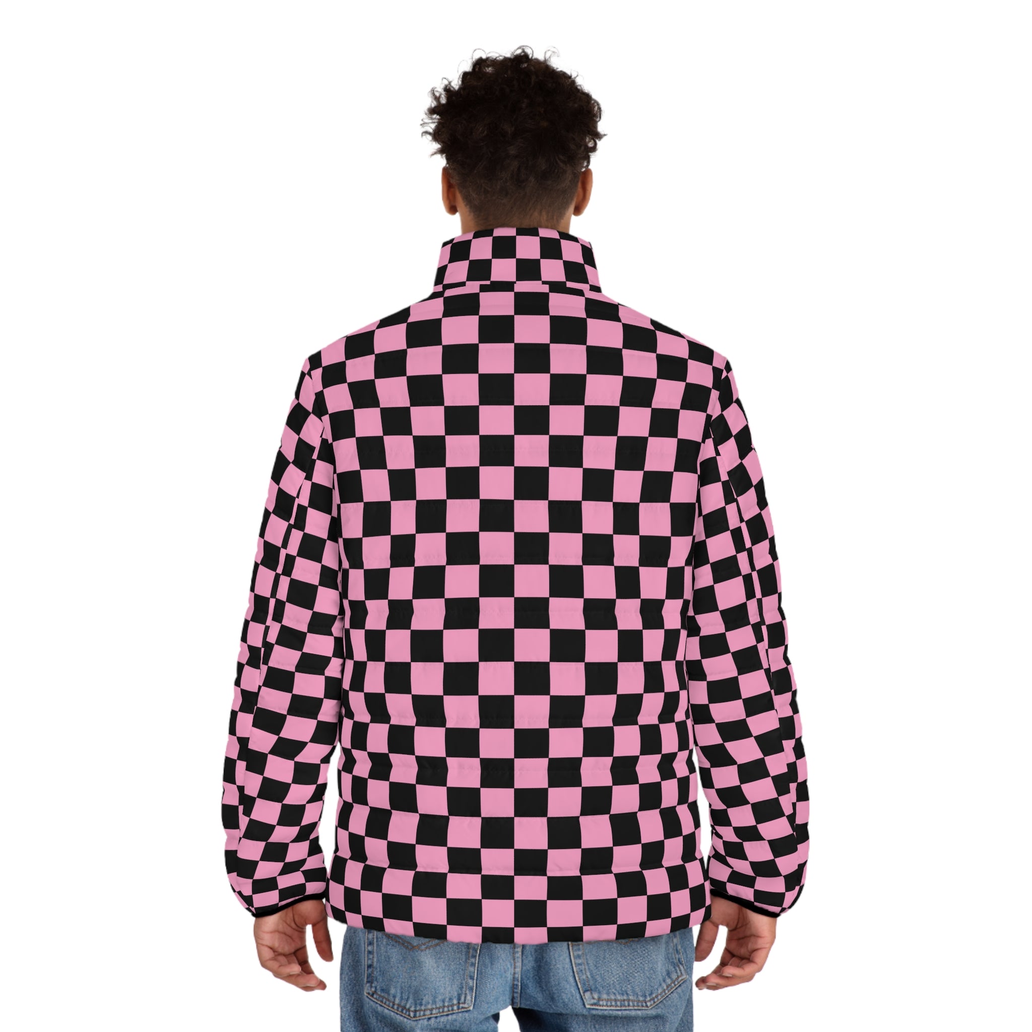 Checkerboard Black and Pink Men's Puffer Jacket (AOP), Artsulli - Art is Long, Life is Short, All Over Prints, , , , , , , 