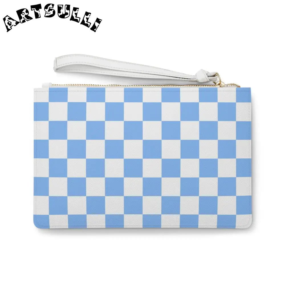 JAKKOUTTHEBXX Checkerboard White and Light Blue Clutch Bag