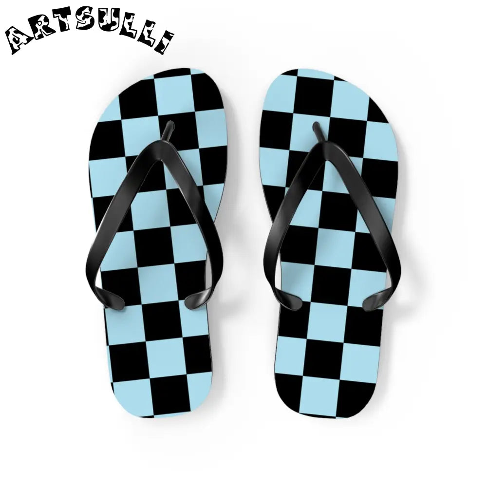 JAKKOUTTHEBXX Checkerboard Black and Blue Flip Flops JAKKOUTTHEBXX