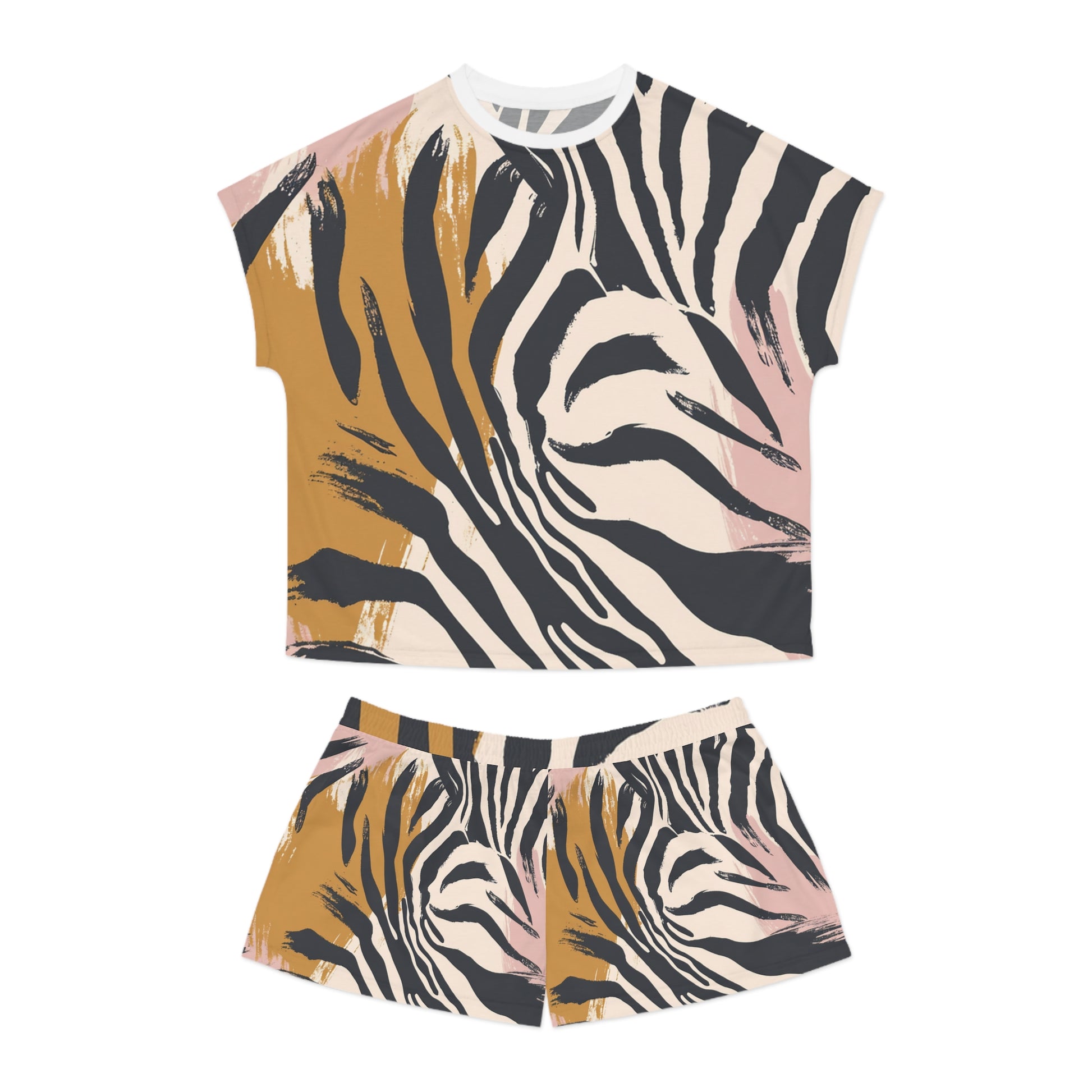 Zebra Brush Strokes Women's Short Pajama Set (AOP), Artsulli - Art is Long, Life is Short, All Over Prints, Size, S, Color, White, , , 17634284525939
