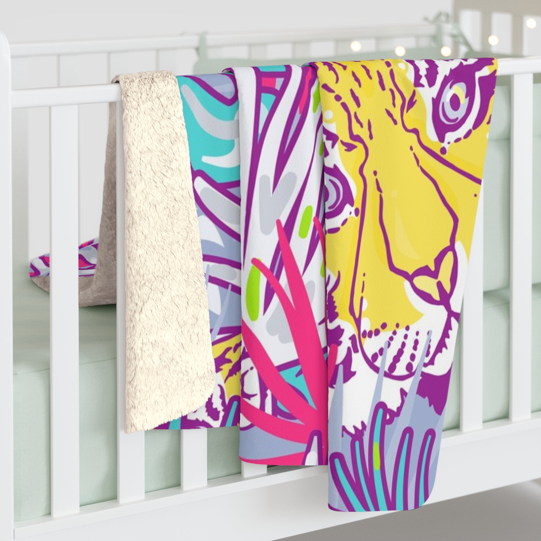 Tropical Floral Tigers Torquise and Purple Sherpa Fleece Blanket, Artsulli - Art is Long, Life is Short, Home Decor, , , , , , , 