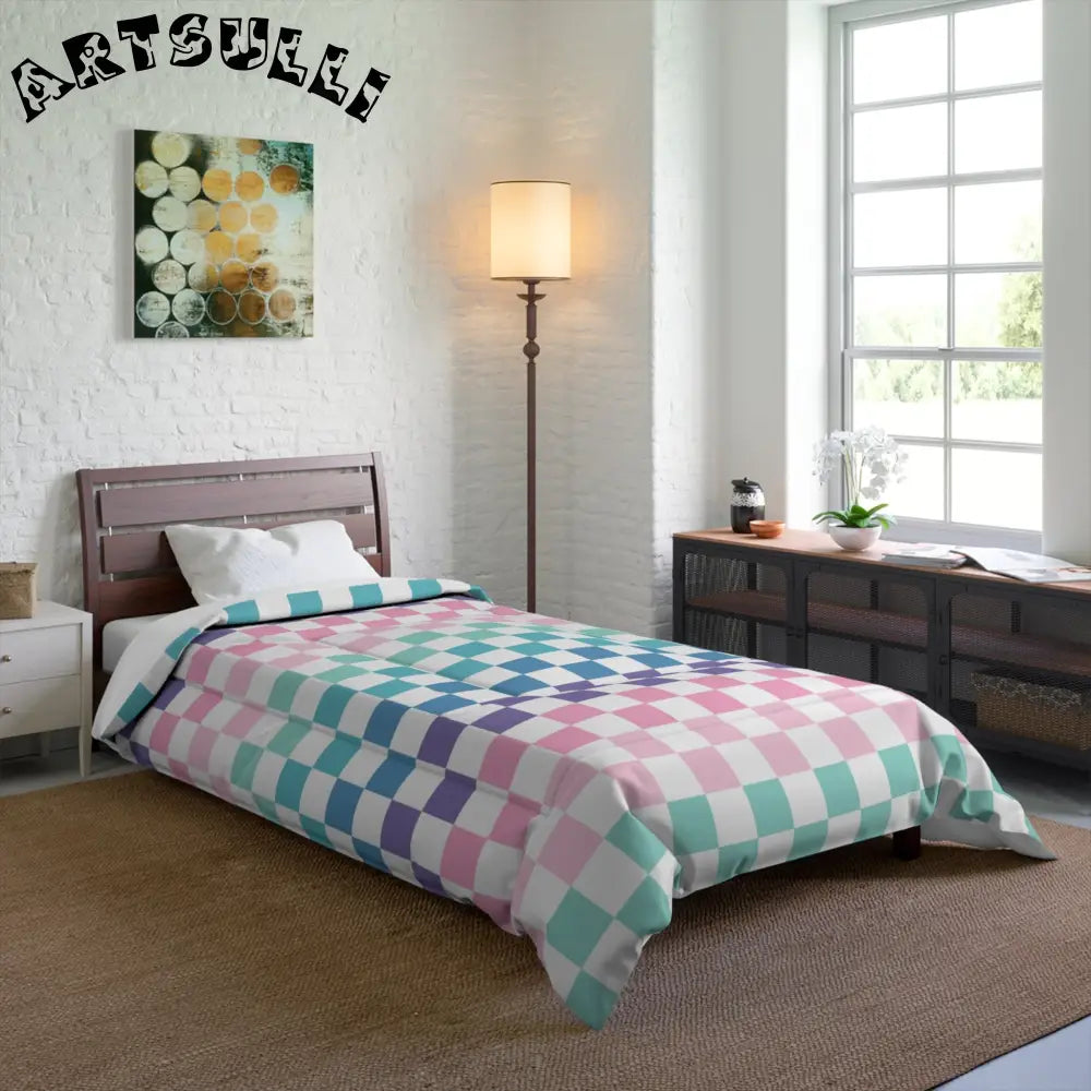 JAKKOUTTHEBXX Vaporwave Rainbow Checkerboard Multi-Color Comforter