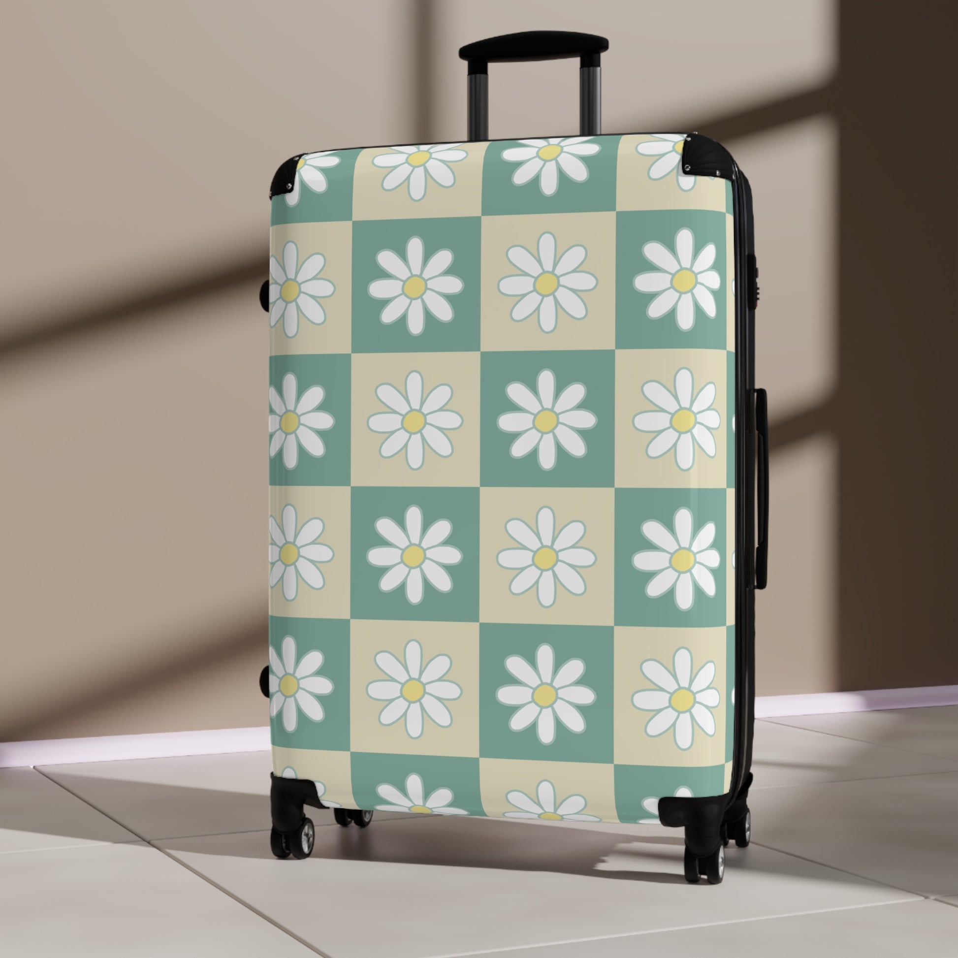 Retro Daisy Checkerboard Green and Tan Suitcase, Artsulli - Art is Long, Life is Short, Bags, , , , , , , 