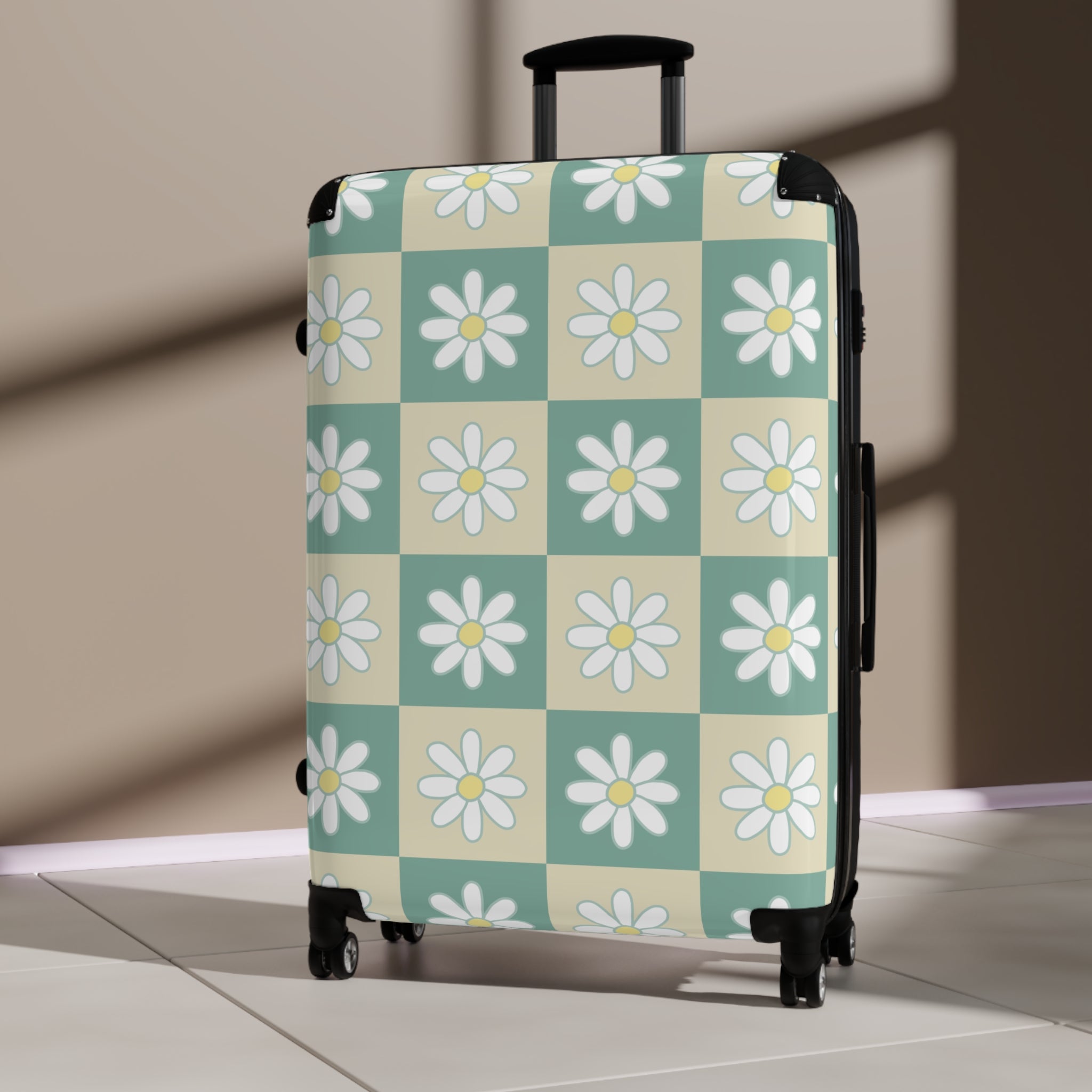 Retro Daisy Checkerboard Green and Tan Suitcase, Artsulli - Art is Long, Life is Short, Bags, , , , , , , 