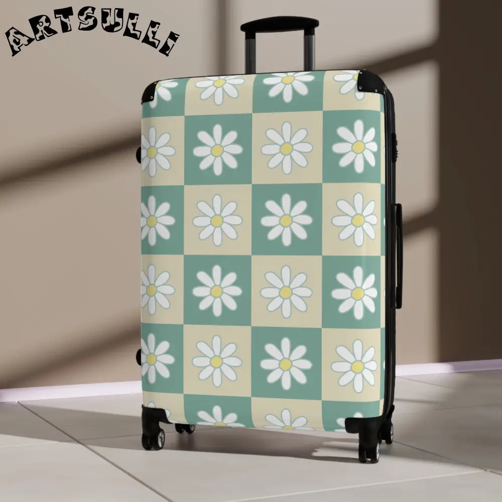 JAKKOUTTHEBXX Retro Daisy Checkerboard Green and Tan Suitcase