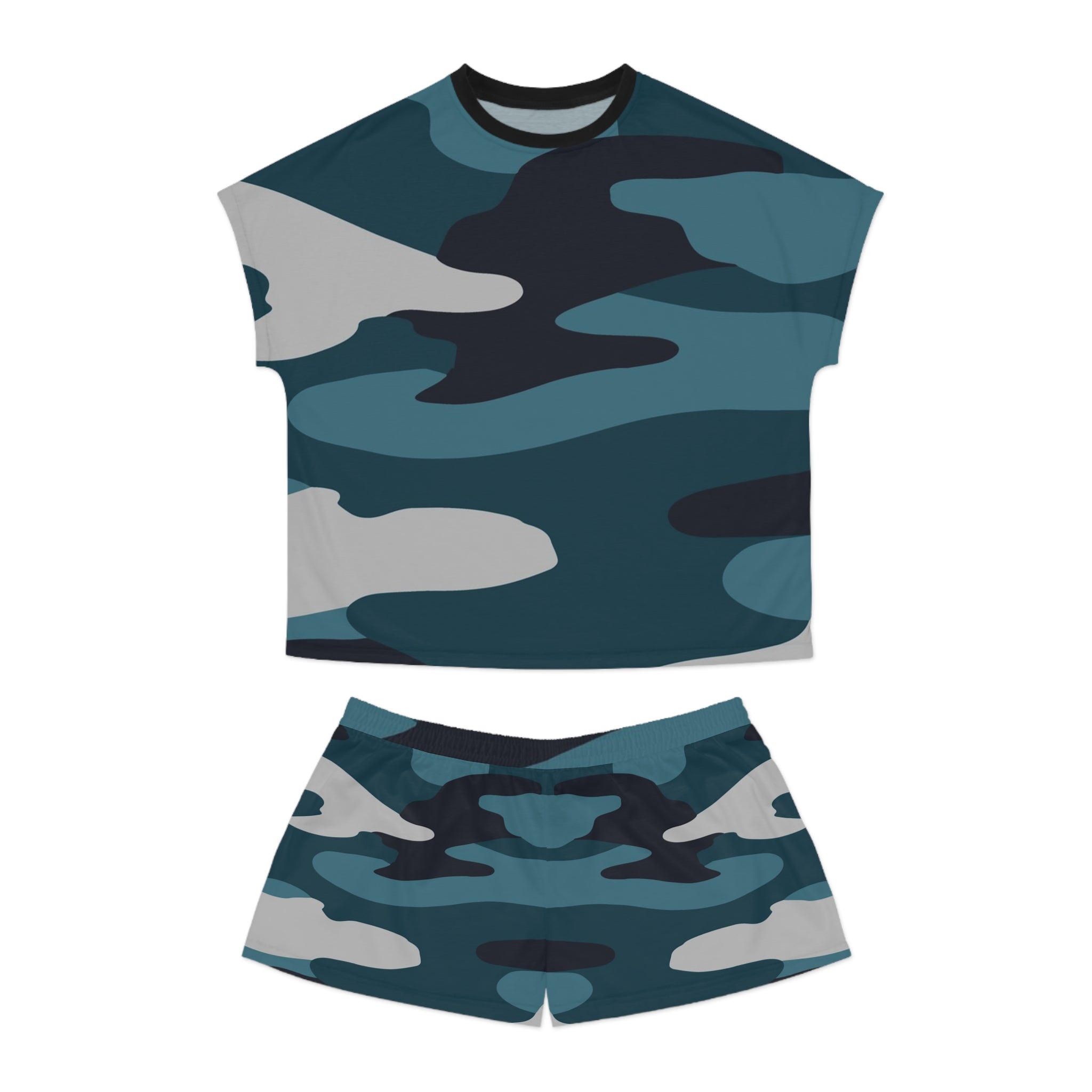 Blue Camouflage Women's Short Pajama Set (AOP), Artsulli - Art is Long, Life is Short, All Over Prints, Size, S, Color, Black, , , 12955177684980