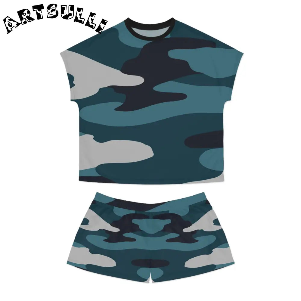 JAKKOUTTHEBXX Blue Camouflage Women’s Short Pajama Set (AOP)