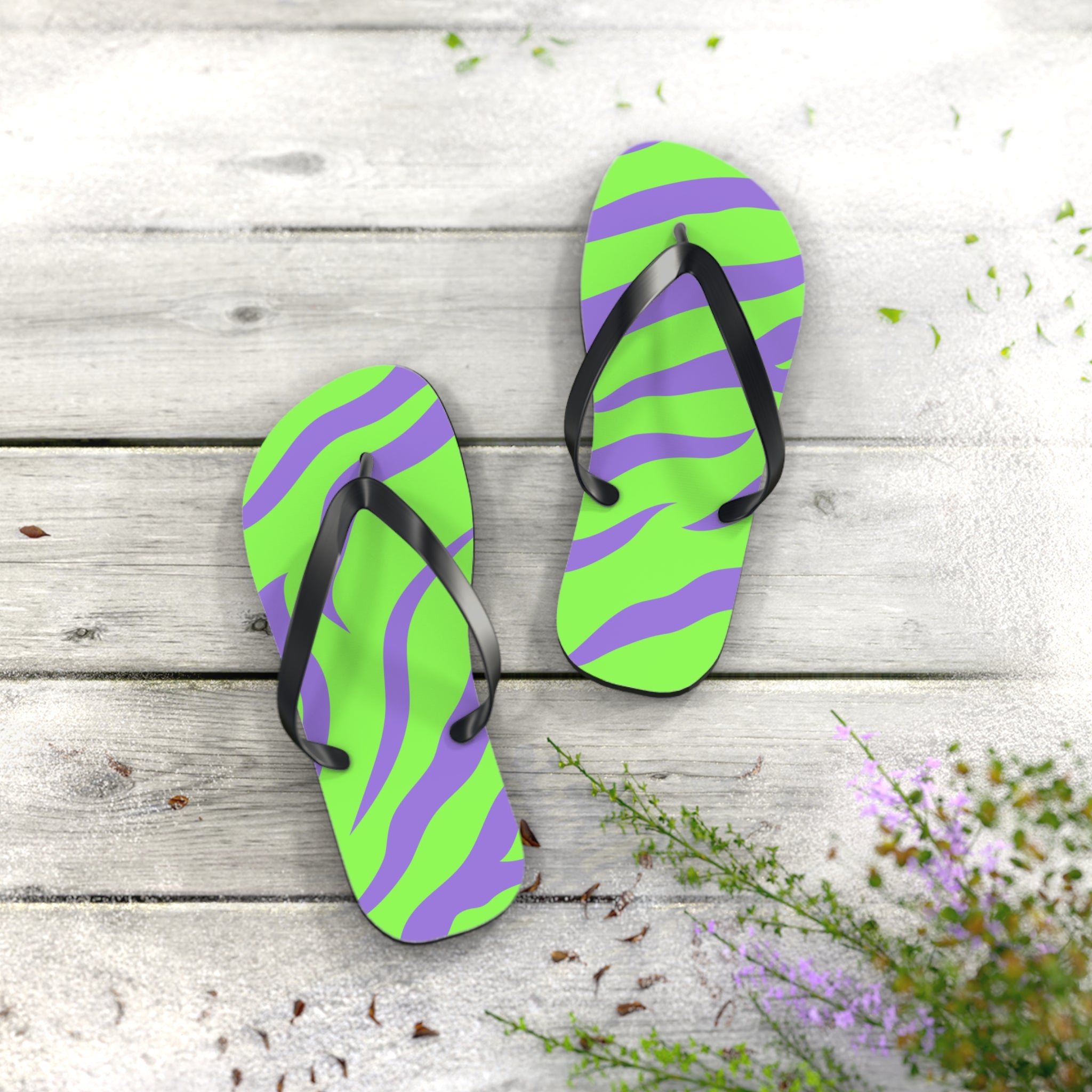 Tyrannosaurus Print Green and Purple Flip Flops, Artsulli - Art is Long, Life is Short, Shoes, , , , , , , 
