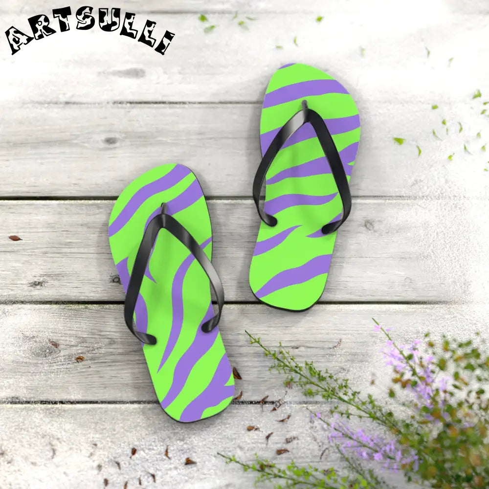 JAKKOUTTHEBXX Tyrannosaurus Print Green and Purple Flip Flops
