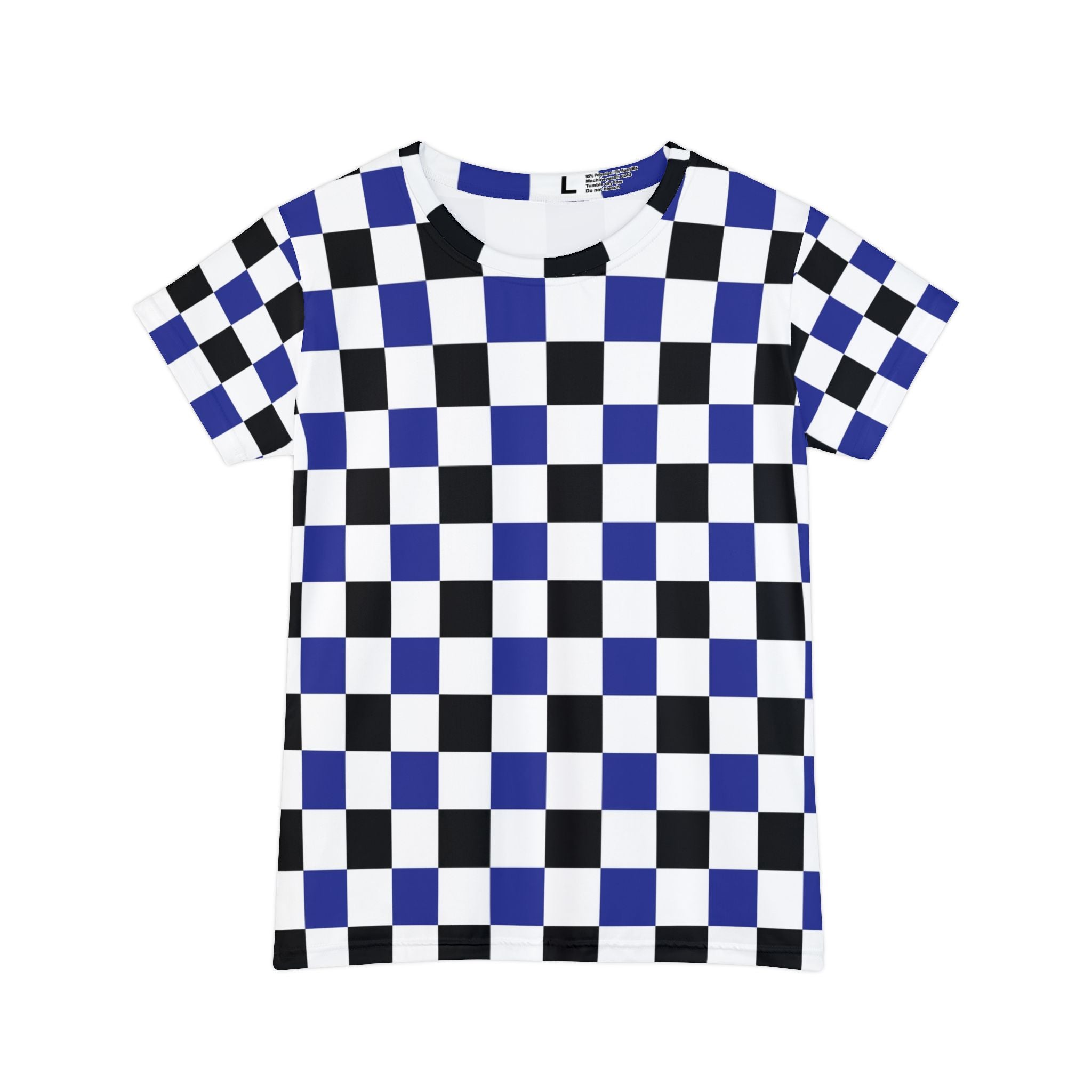 Checkerboard Blue White and Black Women's Short Sleeve Shirt (AOP), Artsulli - Art is Long, Life is Short, All Over Prints, Size, XS, , , , , 24988280928482785209
