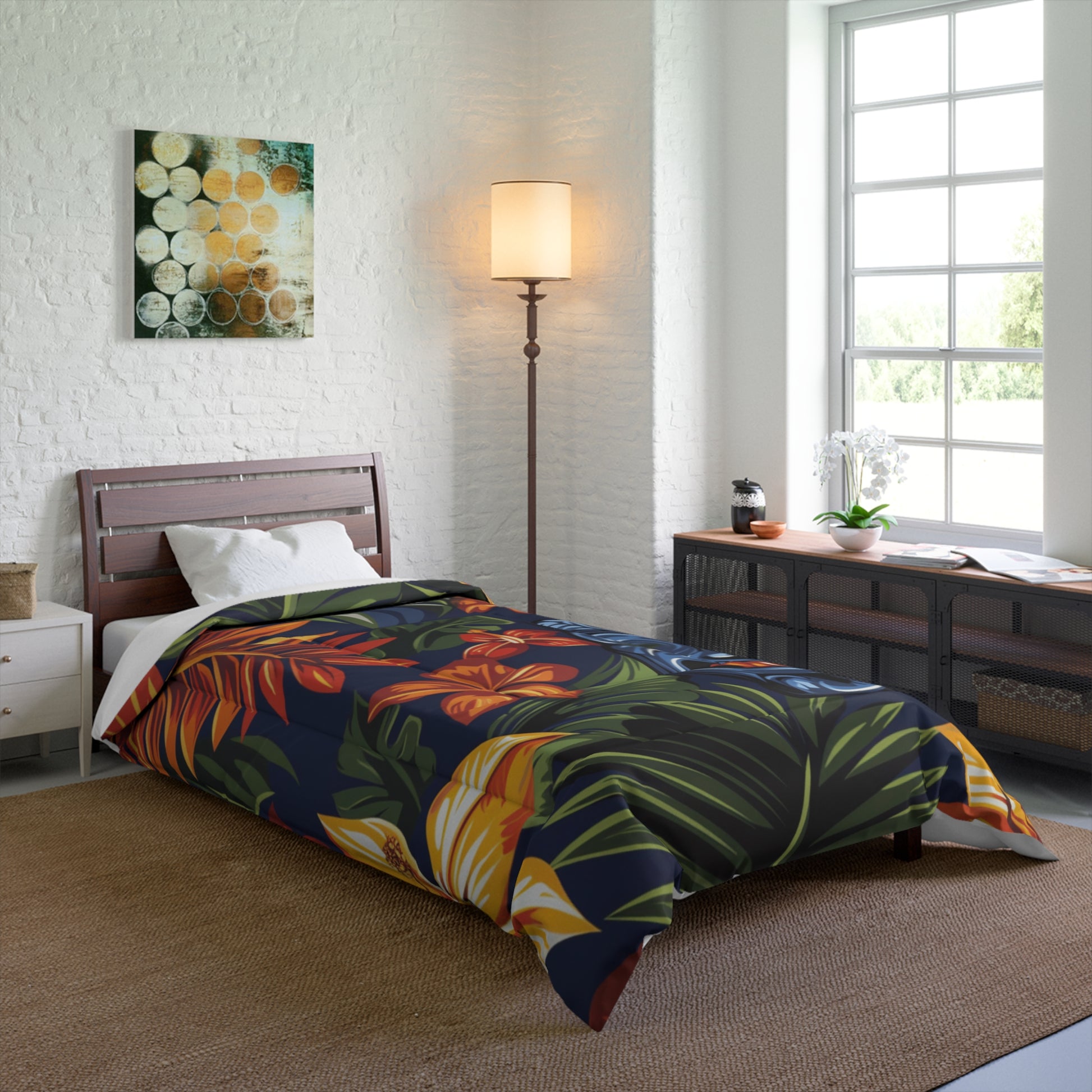Tiki Bloom Navy Comforter, Artsulli - Art is Long, Life is Short, Home Decor, , , , , , , 