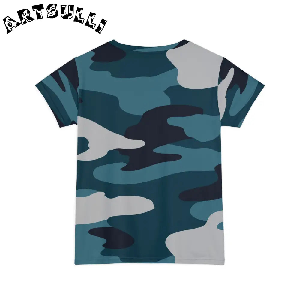 JAKKOUTTHEBXX Blue Camouflage Women’s Short Sleeve Shirt (AOP)