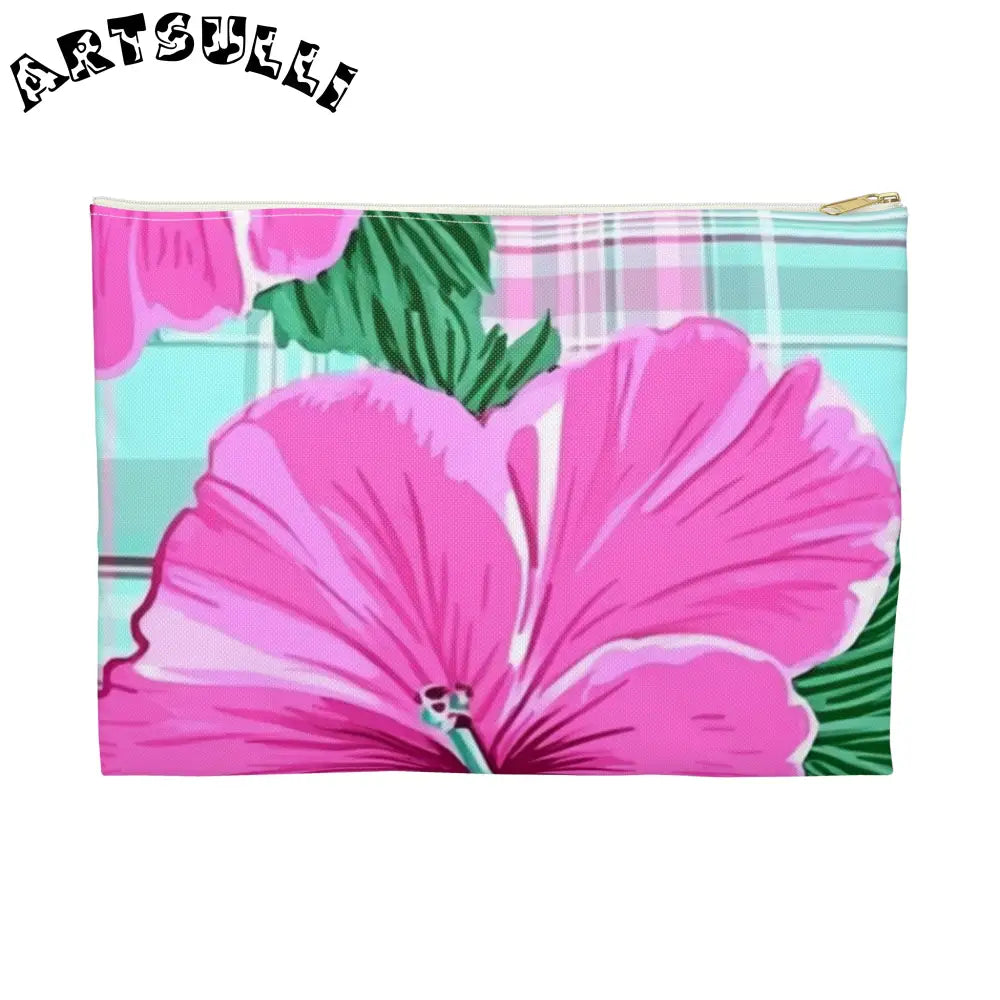 JAKKOUTTHEBXX Pink Hibiscus Plaid Flat Pouch JAKKOUTTHEBXX Artsulli
