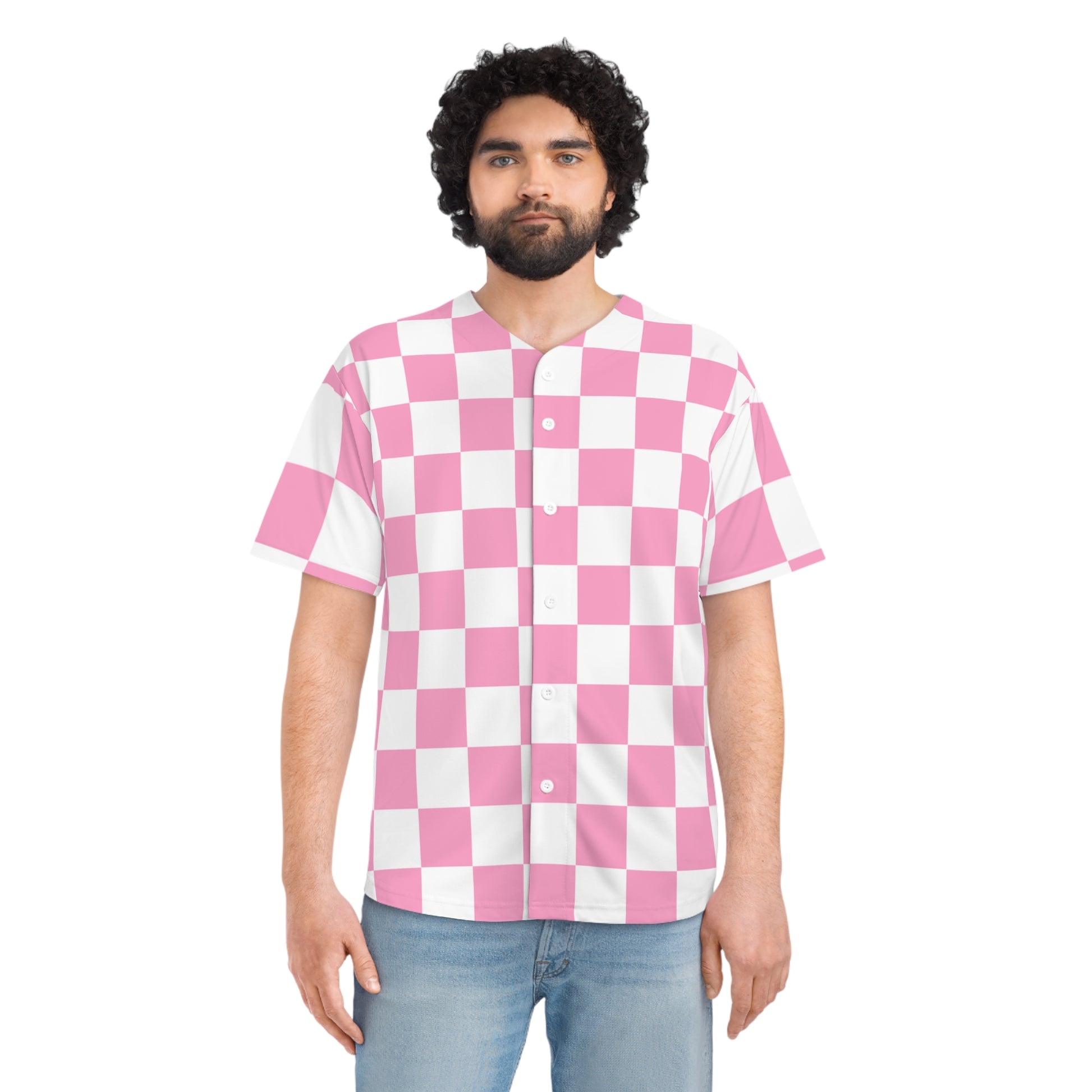 Checkerboard Hot Pink and White Men's Baseball Jersey (AOP), Artsulli - Art is Long, Life is Short, All Over Prints, , , , , , , 