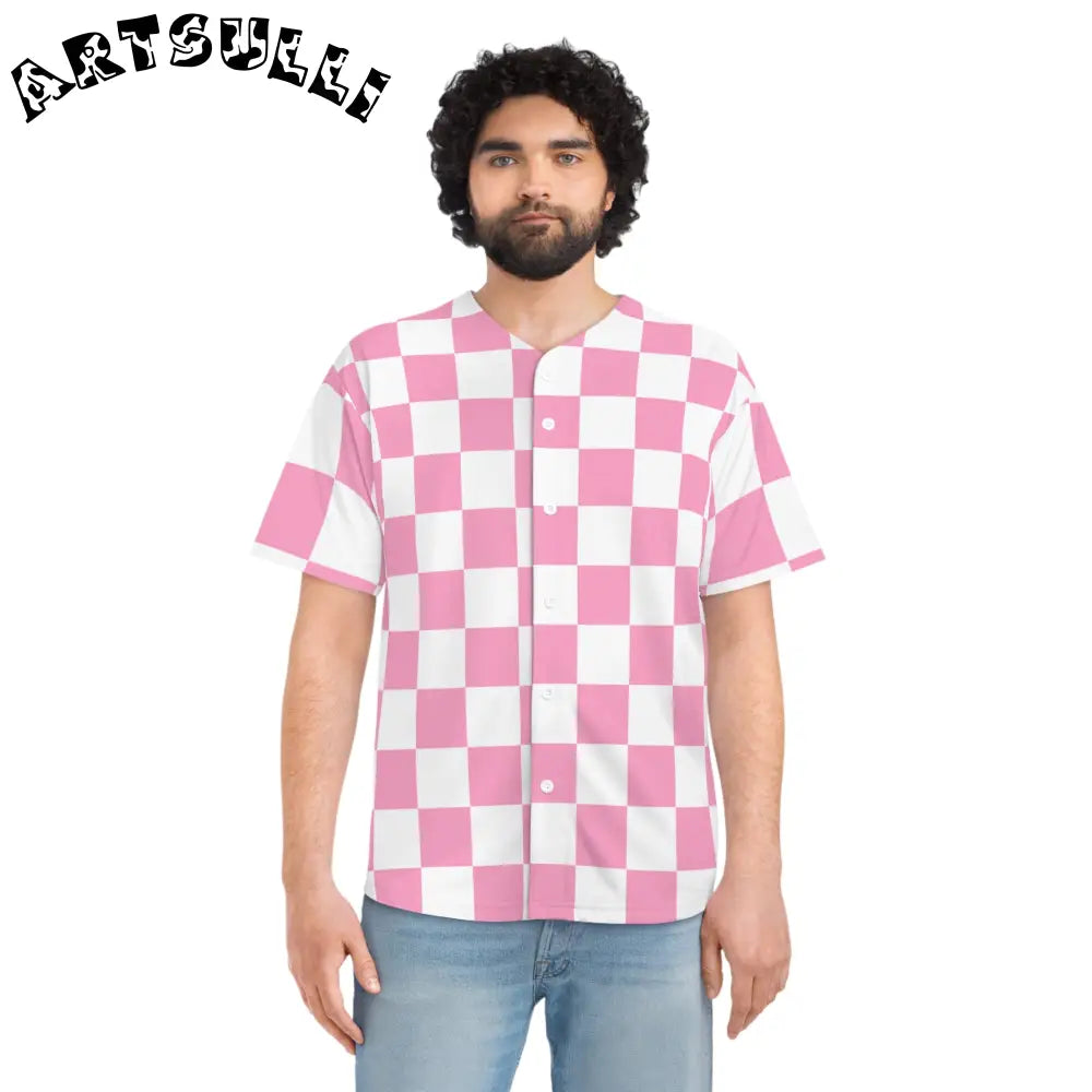 JAKKOUTTHEBXX Checkerboard Hot Pink and White Men’s Baseball Jersey
