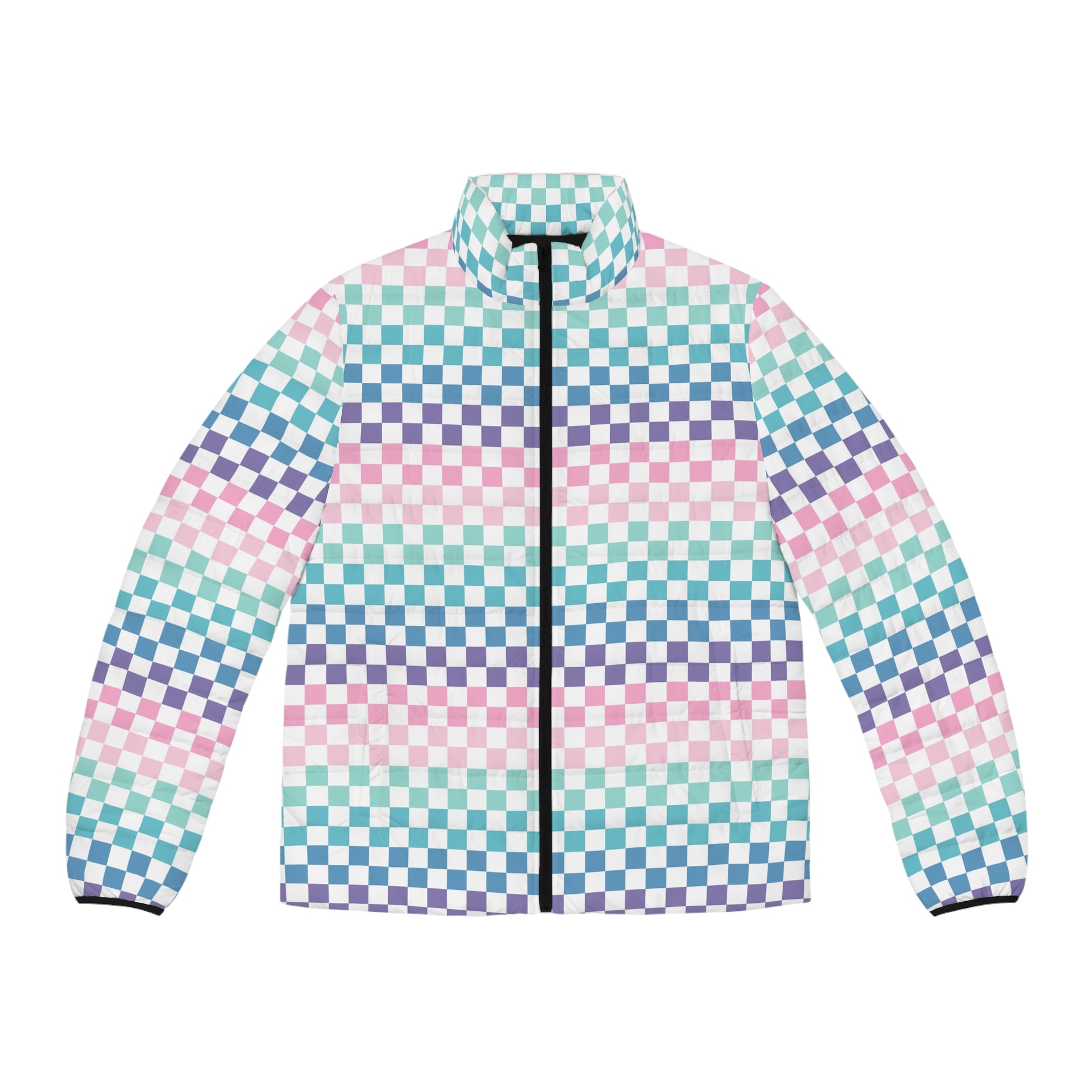 Vaporwave Rainbow  Checkerboard Multi-Color Men's Puffer Jacket (AOP), Artsulli - Art is Long, Life is Short, All Over Prints, Size, S, Color, Black zipper, , , 12905626510557167008
