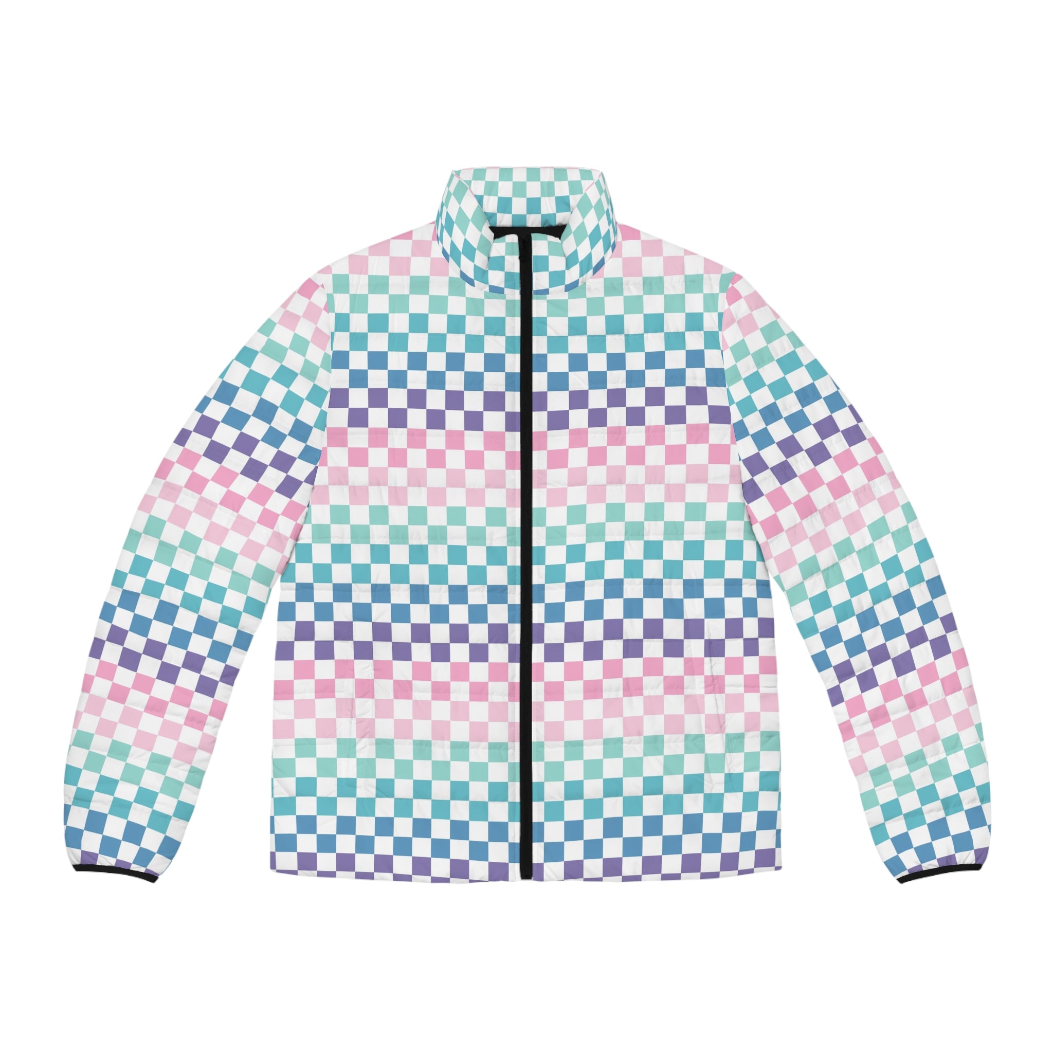 Vaporwave Rainbow  Checkerboard Multi-Color Men's Puffer Jacket (AOP), Artsulli - Art is Long, Life is Short, All Over Prints, Size, S, Color, Black zipper, , , 12905626510557167008