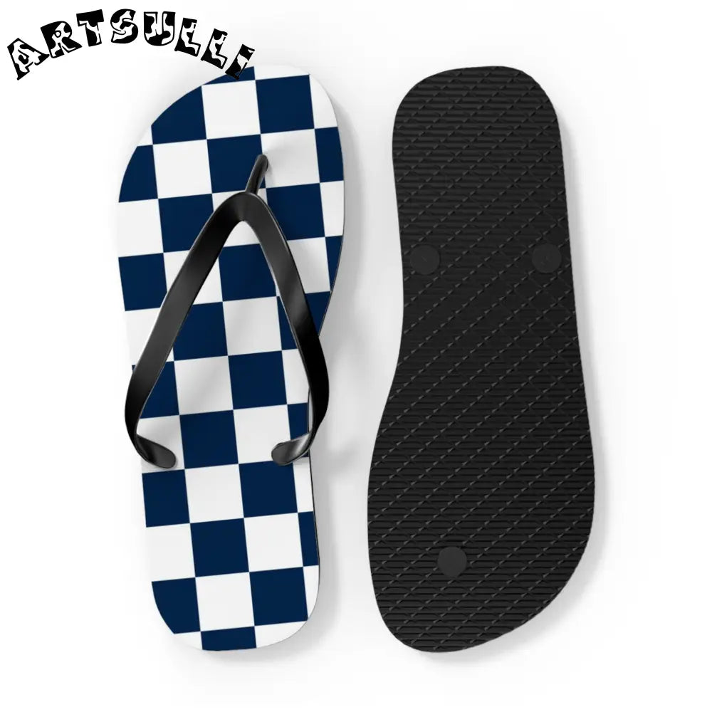 JAKKOUTTHEBXX Checkerboard White and Navy Blue Flip Flops