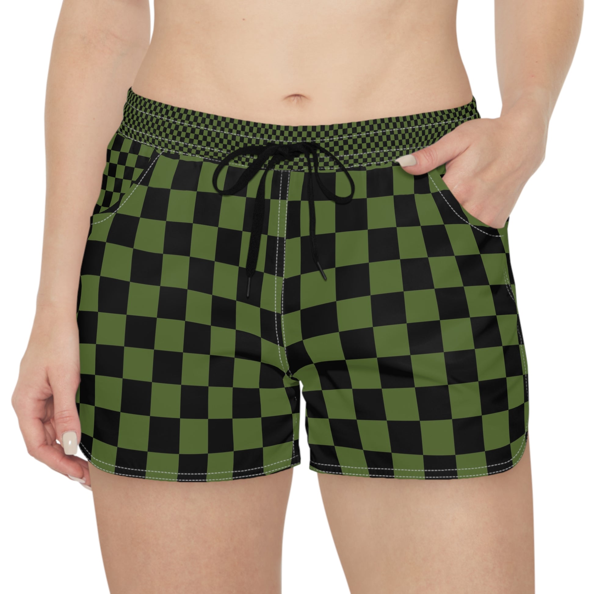 Checkerboard Olive Green and Black Women's Casual Shorts (AOP), Artsulli - Art is Long, Life is Short, All Over Prints, , , , , , , 