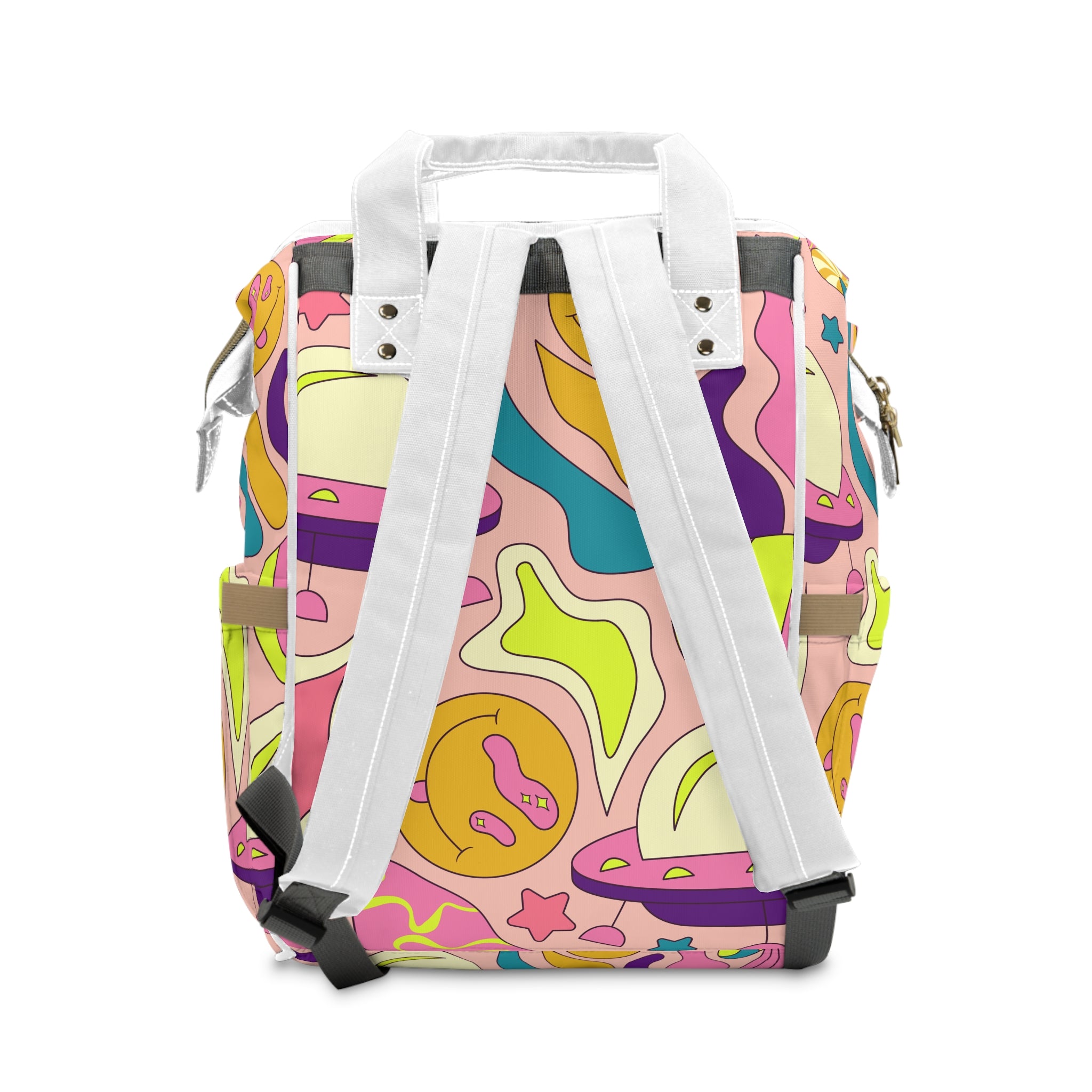 Trippy Spaceships Pink Multifunctional Diaper Backpack, Artsulli - Art is Long, Life is Short, Bags, , , , , , , 