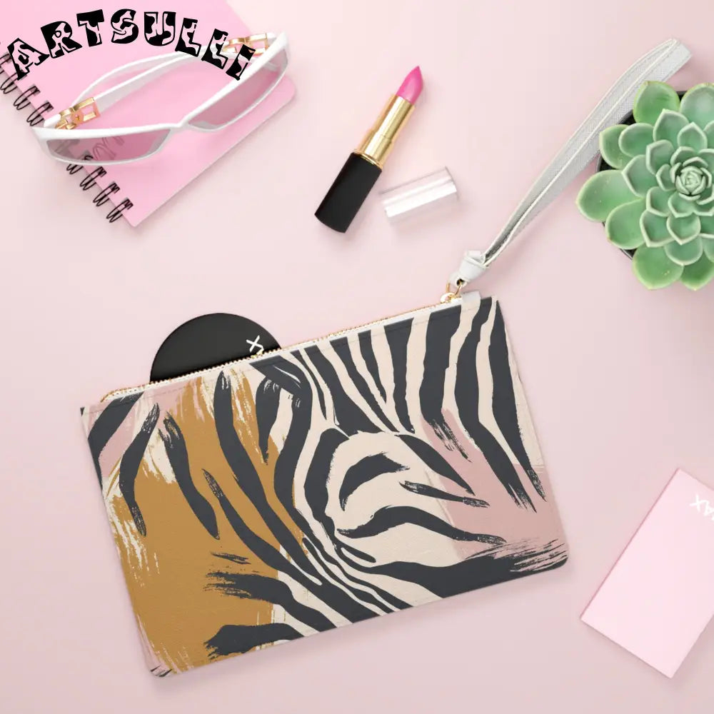 JAKKOUTTHEBXX Abstract Zebra Print Brown Pink Clutch Bag with White