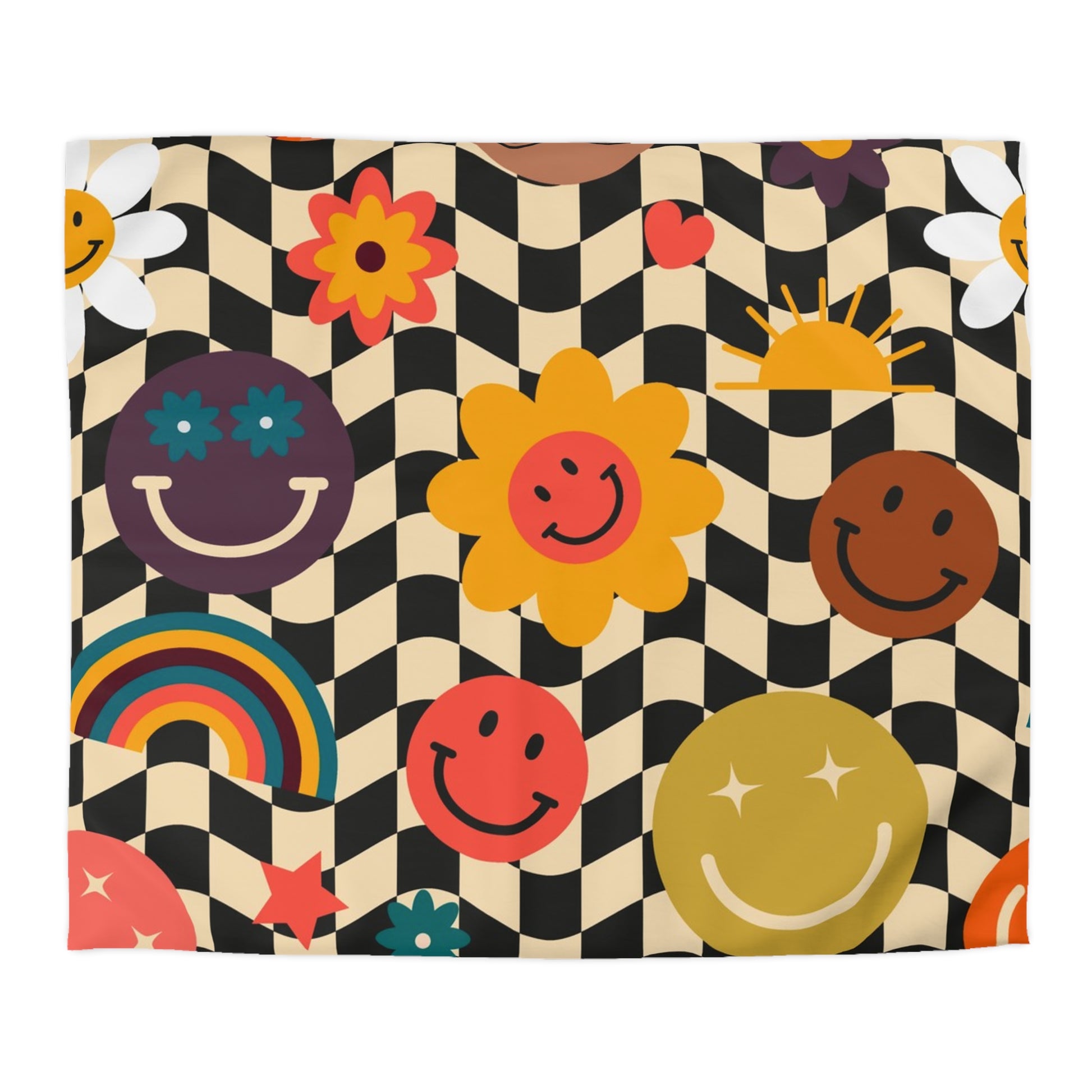 Trippy x Wavy Checkerboard x Smiley Face x Rainbow x Flowers Multi-Color Microfiber Duvet Cover, Artsulli - Art is Long, Life is Short, Home Decor, Size, King, Color, White, , , 89620149083866399352