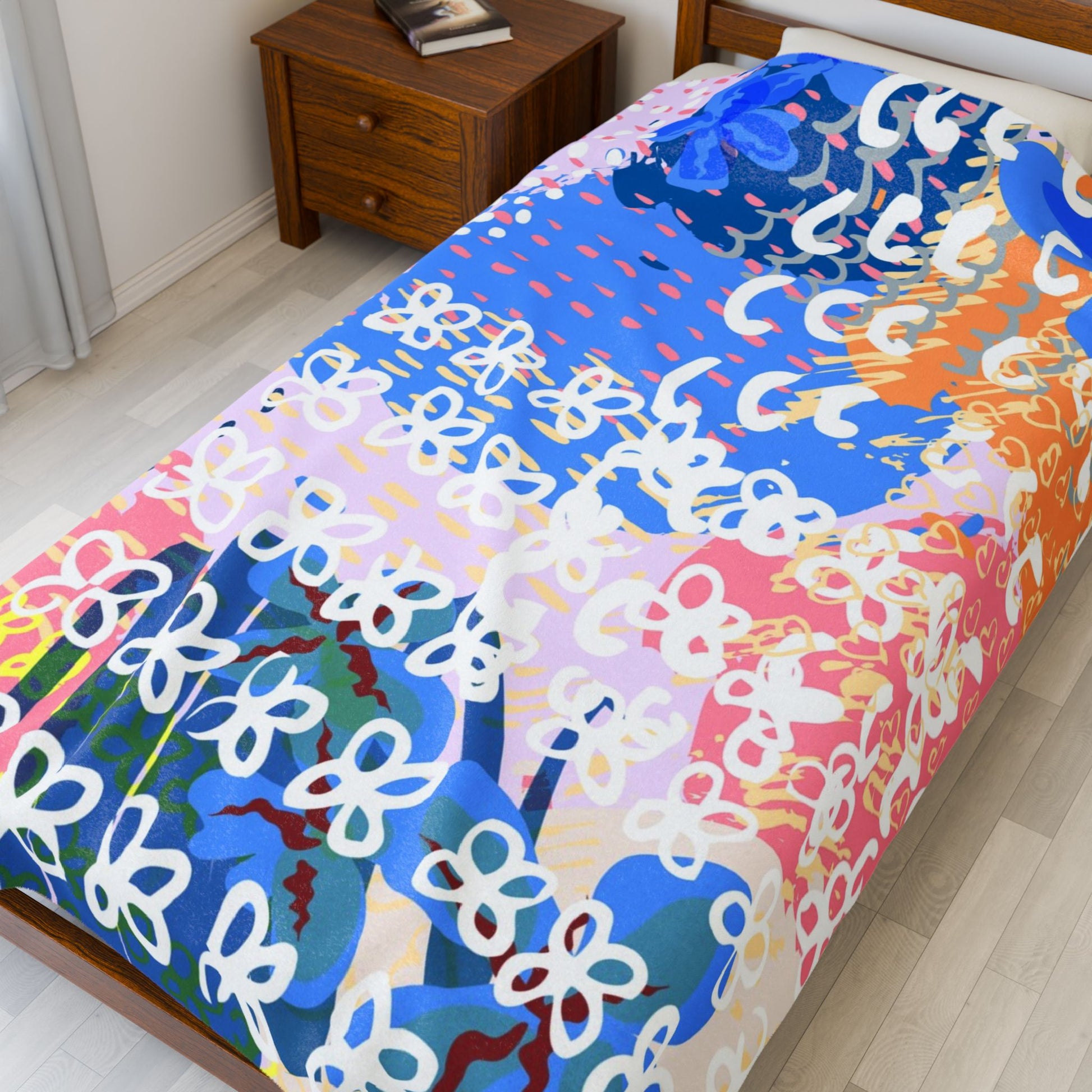 Flowers x Doodles x Hearts Multi-Color Velveteen Plush Blanket, Artsulli - Art is Long, Life is Short, All Over Prints, , , , , , , 
