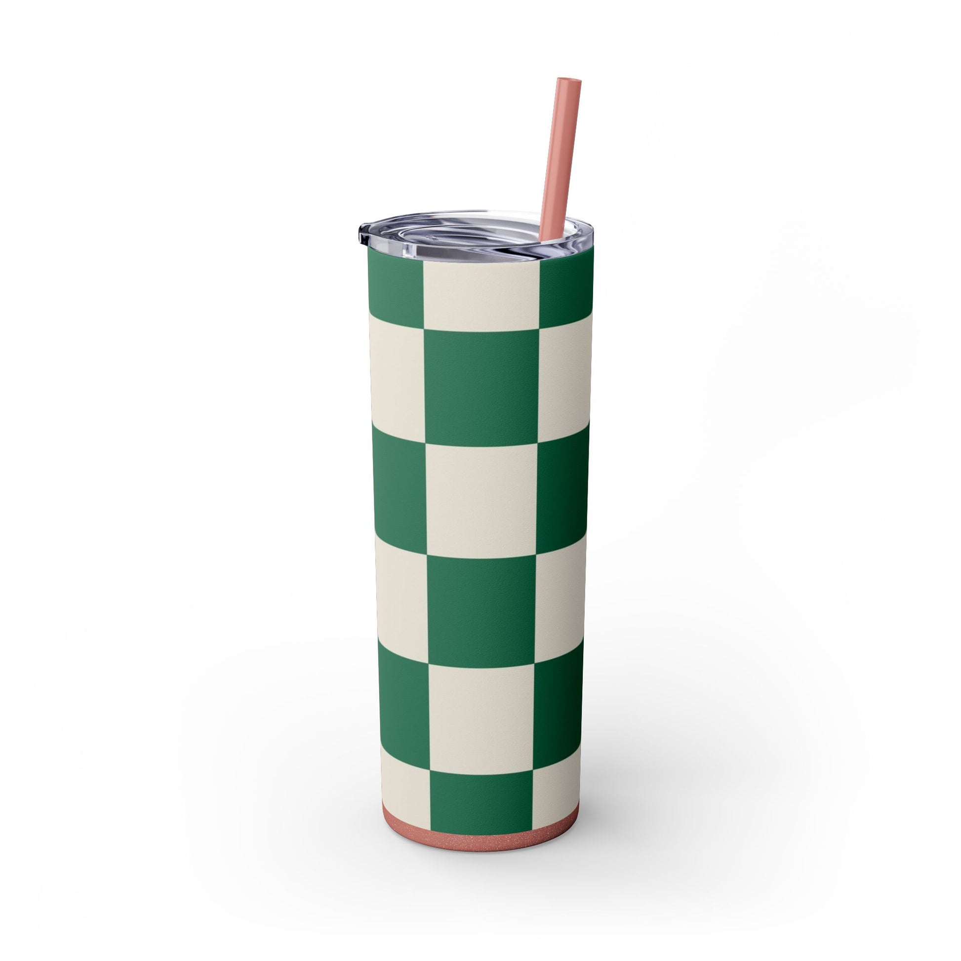 Checkerboard Dark Green Skinny Tumbler with Straw, 20oz, Artsulli - Art is Long, Life is Short, Mug, , , , , , , 